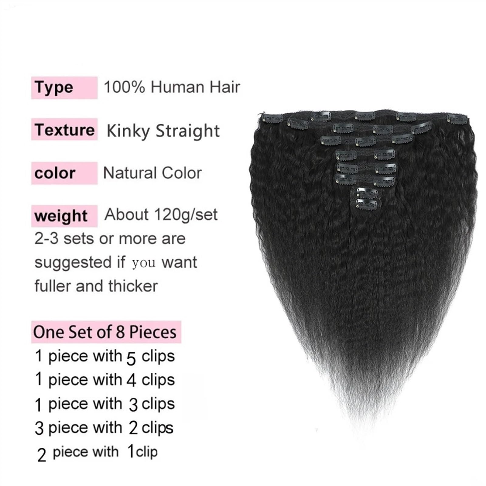 Extensions de cheveux Extensions de cheveux brésiliens crépus lisses à clips, 8 à 26 pouces d'épaisseur, 100% cheveux Remy, noir naturel, 8 pièces avec 20 clips, 120 g/160 g par lot, convient for têt