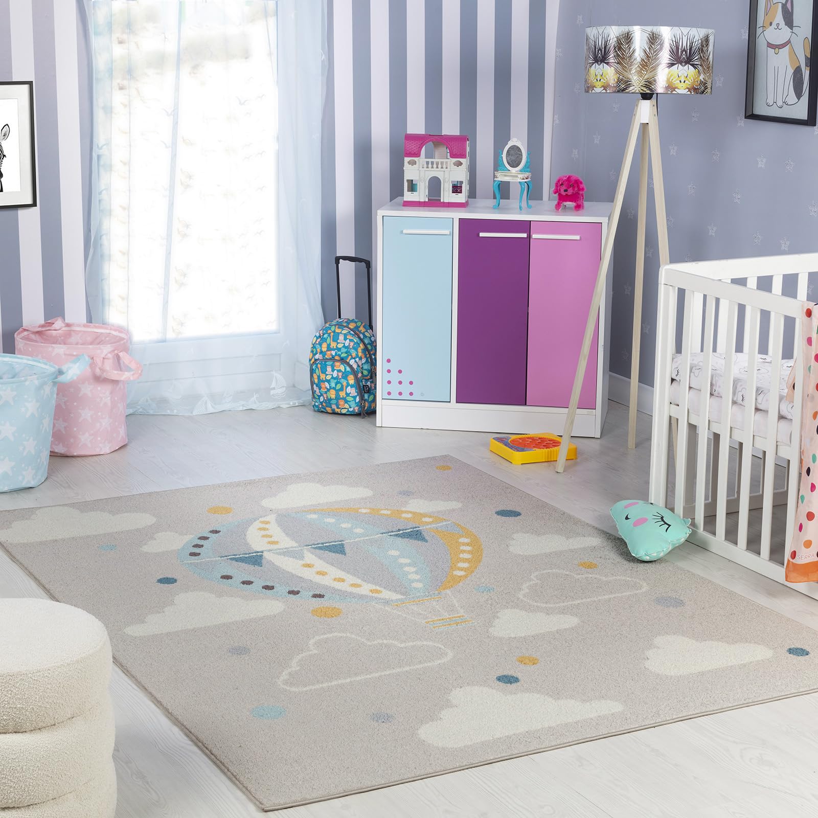 Livabliss Monty Hot Air Balloon Kids Rug - Childrens Rugs for Bedroom 120x170 cm, Kids Carpet for Girls & Boys Bedroom, Playroom and Nursery Rugs, Baby Rug for Girl or Boy Room, Grey