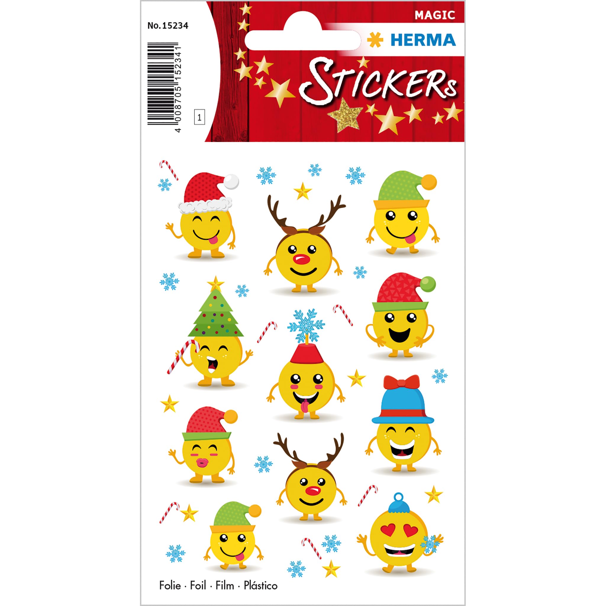 HERMA 15234 Pegatinas de emoticonos navideños, lámina autoadhesiva, permanente, 1 hoja/11 pegatinas