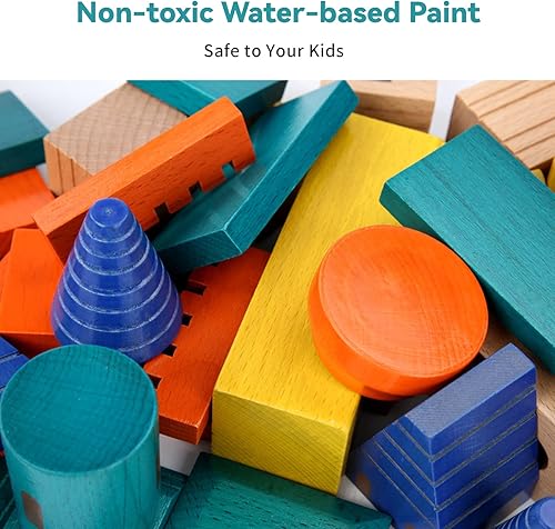 Miniatura 6 de Juego de bloques de construcción de castillo de madera, juguete de bloques apilables de madera de haya maciza grande, juego de construcción para