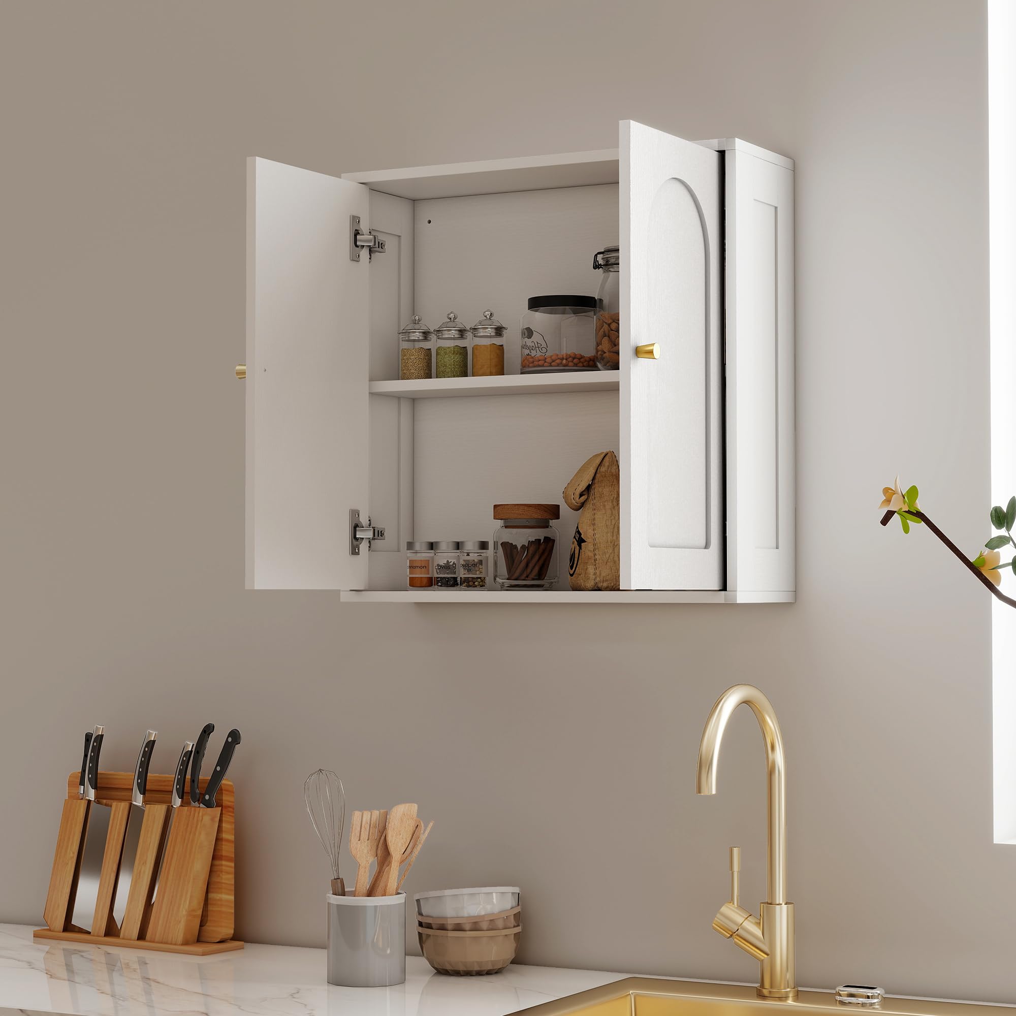 HOMCOM Armoire Murale, Meuble Haut Salle de Bain Style Moderne avec Placard à Double Porte et poignées dorées, Meuble de Salle de Bain Suspendu, 60 x 20 x 60 cm, Blanc