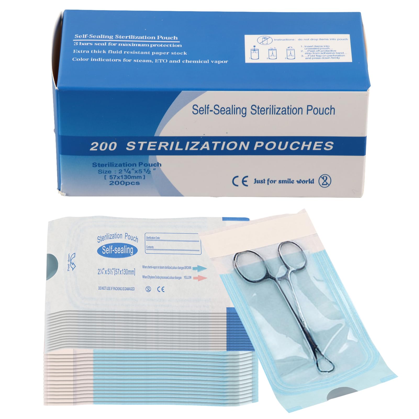 Agatige 200Pcs Self Sealing Sterilization Pouch, 57 x 130mm Autoclave Sterilizer Bags Self Sealing Cleaning Pouch with Indicators for Dental Offices Tattoo Nail Art Accessories