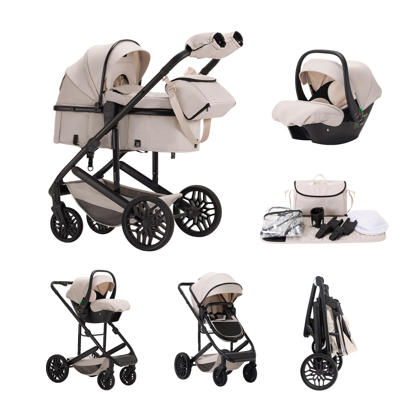 Kakbgee 3 in 1 Travel System & Car Seat, Pram One-Click Recline & Foldable