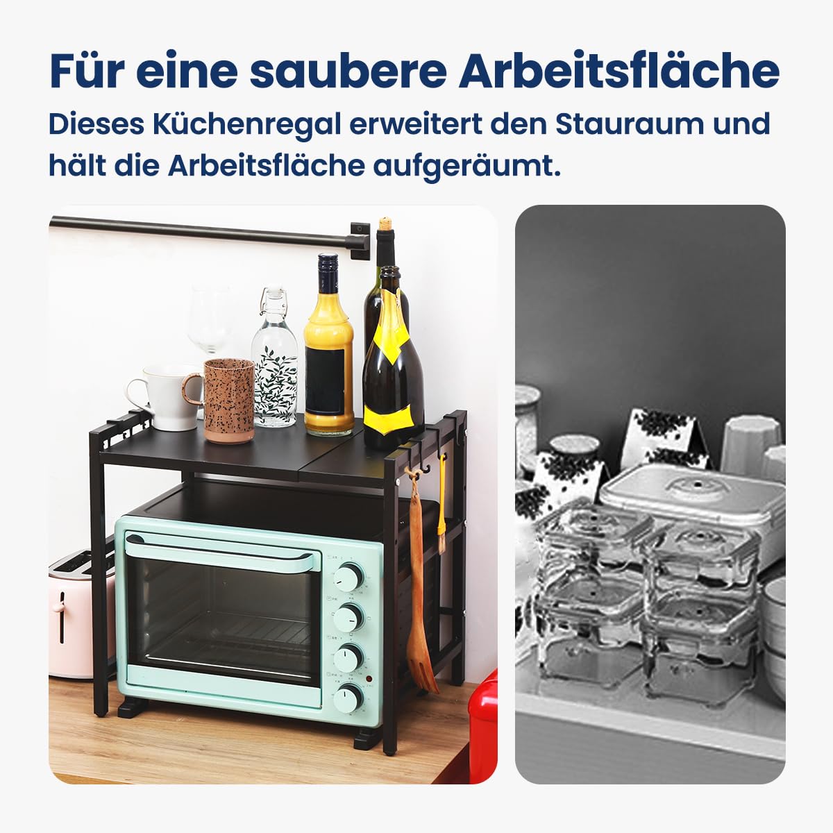 Küchen Organizer, Küchenregal, Höhen & längenverstellbares Mikrowellen Regal 40-64cm + Werkzeug Küchenregal, Organizer Küche, Regal Küche