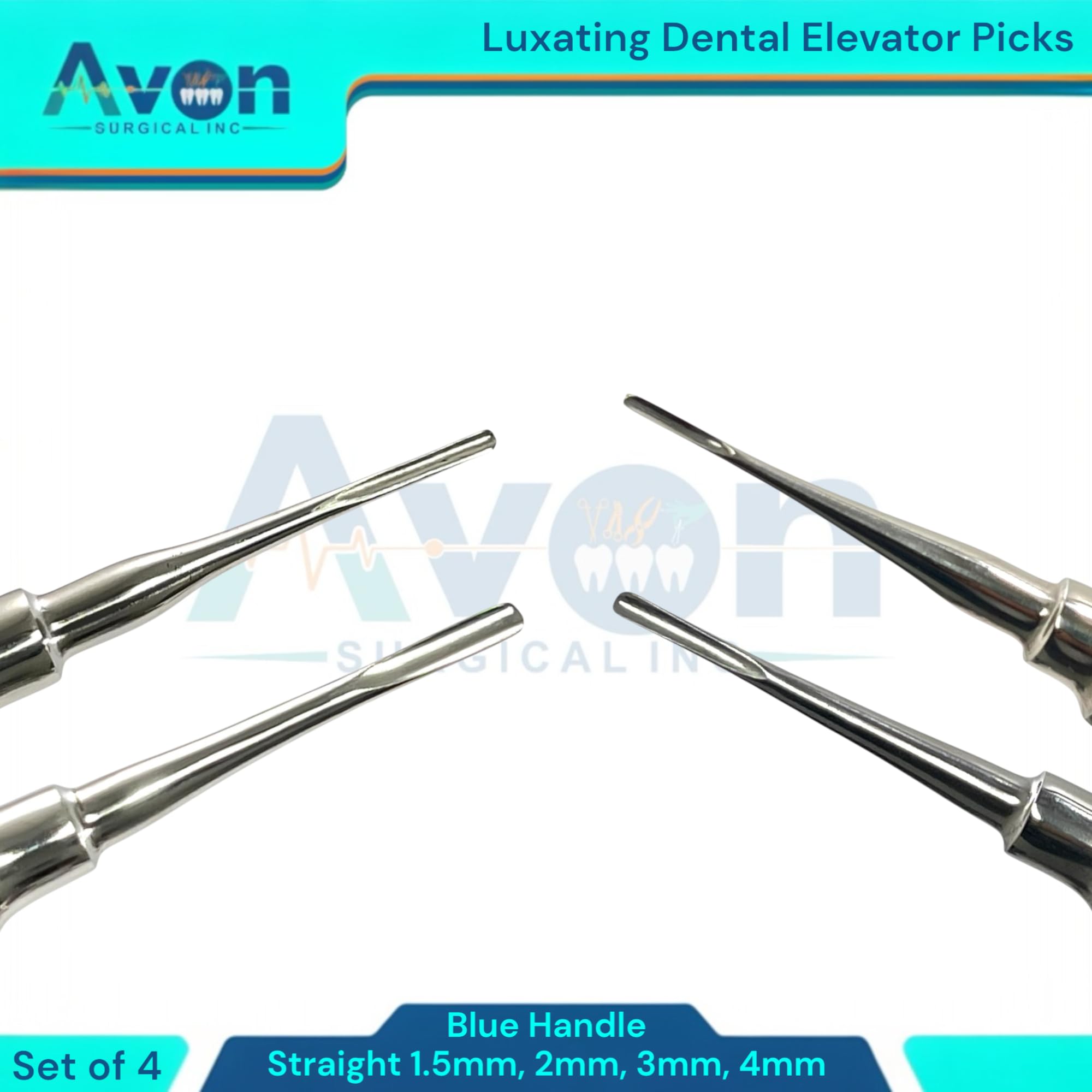 Set of 4pcs Denal Luxating Elevator Picks - Straight Tip, 1.5mm + 2mm + 3mm + 4mm | Lightweight Blue Handle | Autoclave-Safe German Stainless Steel