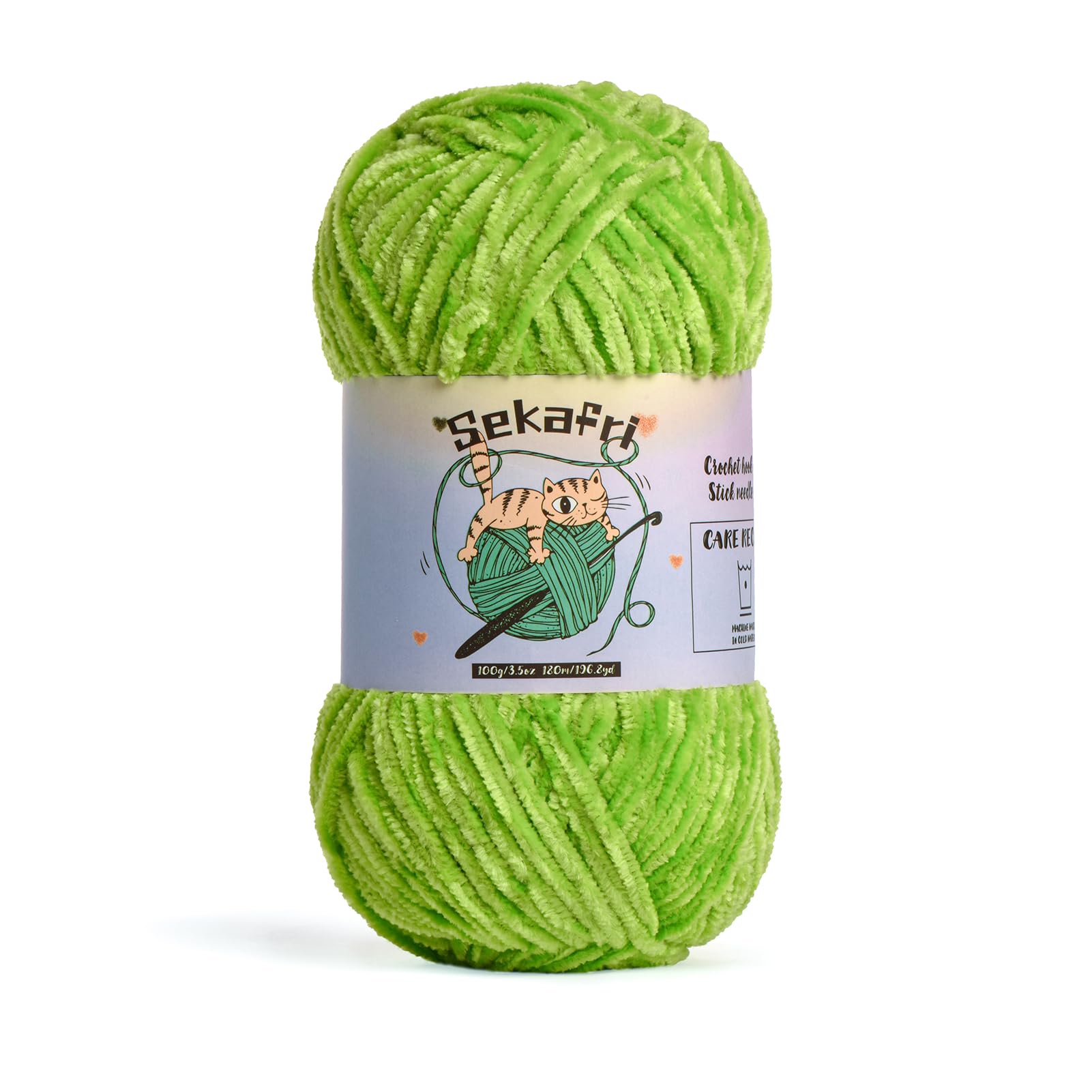 Fuzzy Chenille Yarn for Crocheting, Fluffy Amigurumi Crochet Yarn for DIY Craft/Hat/Shoes, (100g/197yds) Soft Velvet Baby Blanket Yarns（Lime Green）