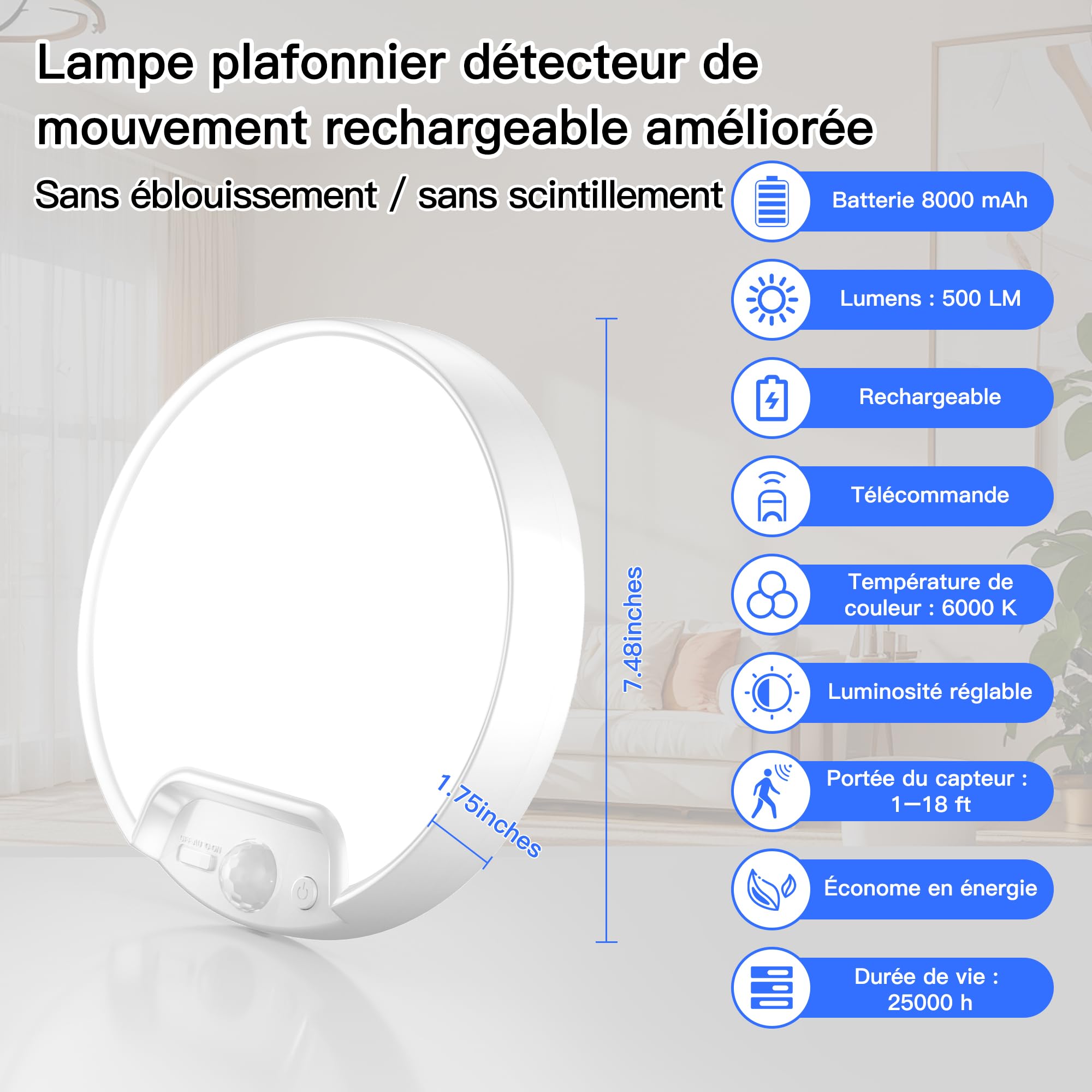 Homelist Lampa sufitowa LED z czujnikiem ruchu, lampa sufitowa z pilotem zdalnego sterowania, ściemniana, 8000 mAh, zasilana bateriami, lampa sufitowa do kuchni, łazienki, korytarza, sypialni, na