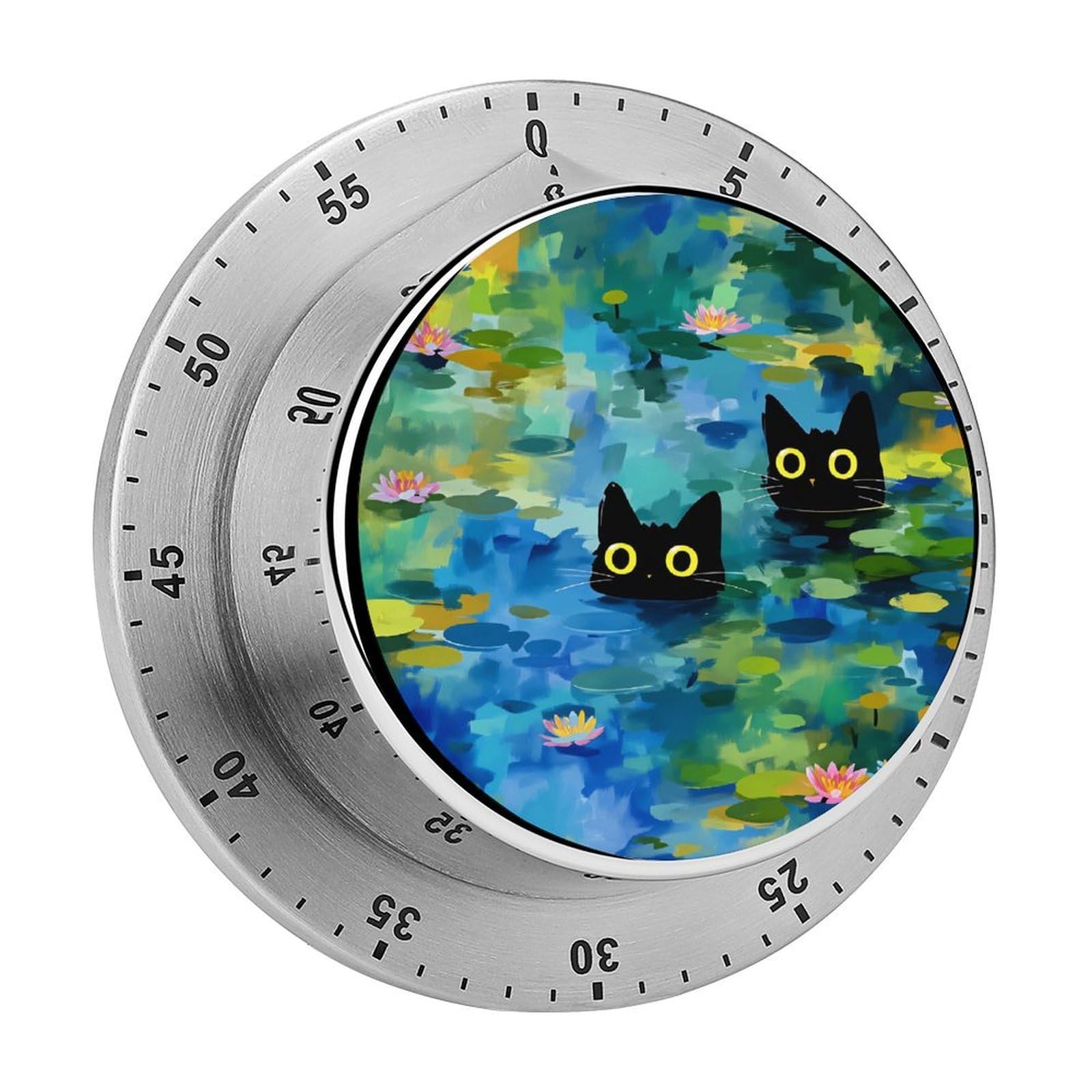 Black Cats in Pond Water Lilies 60 Minute Wind Up Timer,Visual Mechanical Magnetic Timer with Loud Alarm for Kitchen