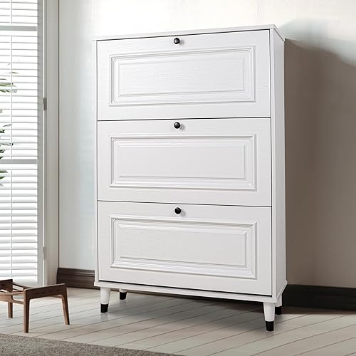 YZU Armario de almacenamiento de zapatos con 3 cajones abatibles, organizador de zapatos estrecho independiente con patas de madera para 18-24 pares