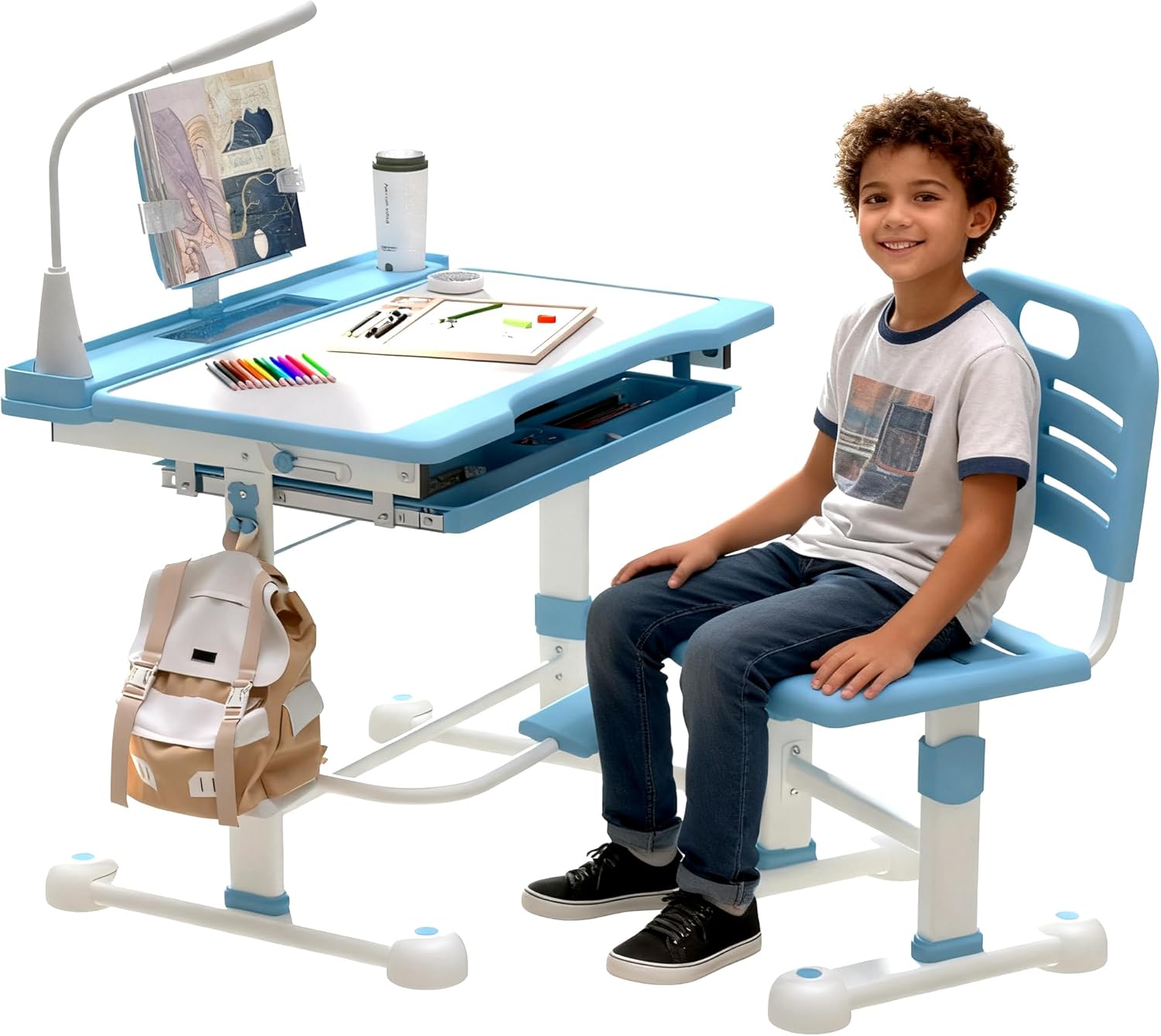 YLGJ&TIDY Desk and Chair Set for Kids Height Adjustable Drawing Desk Functional Study Table with 55° Tilt Desktop, Writing Board, Pen Slot, 3 Mode LED Light, Storage Drawer, Hook, Book Stand (Blue)