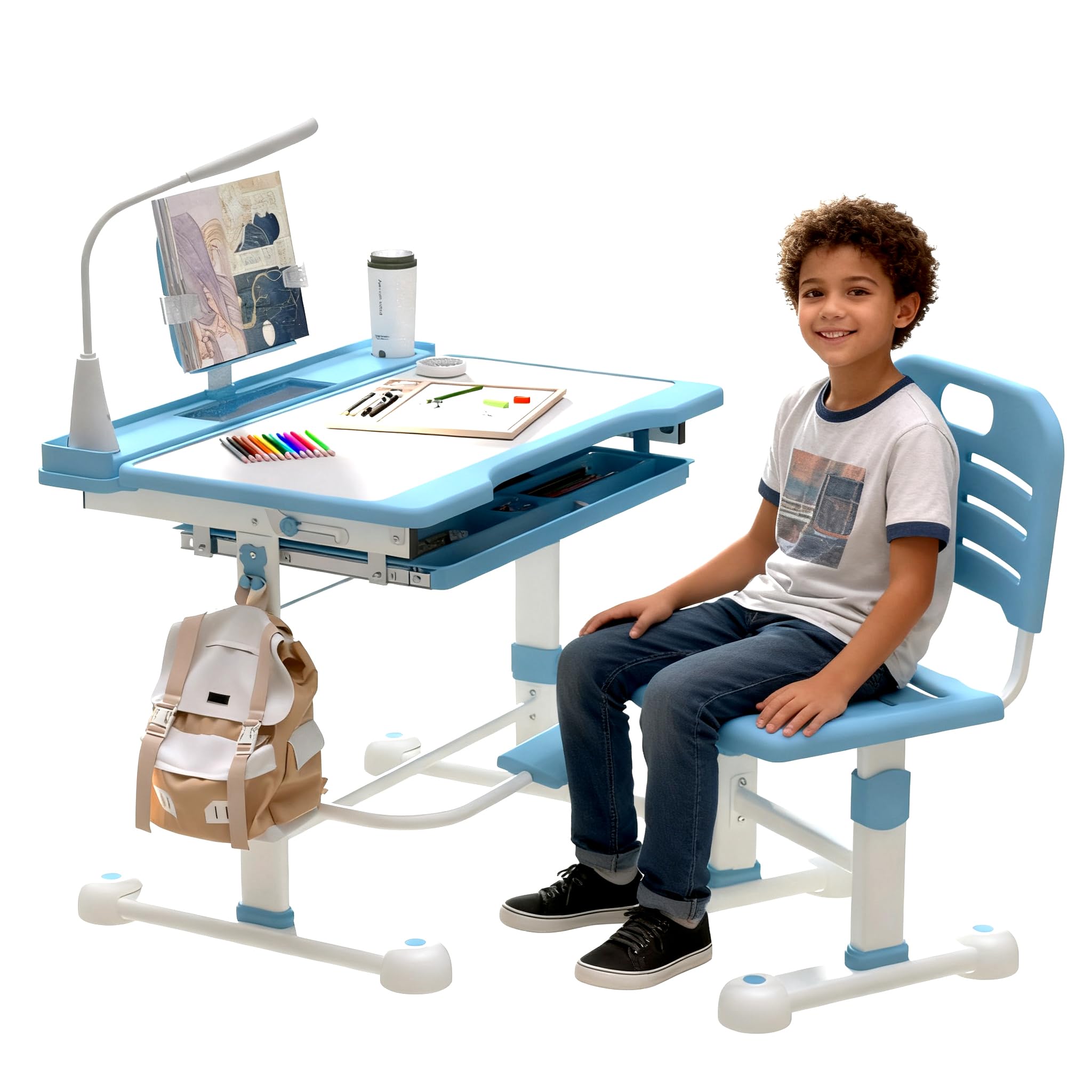 YLGJ&TIDY Desk and Chair Set for Kids Height Adjustable Drawing Desk Functional Study Table with 55° Tilt Desktop, Writing Board, Pen Slot, 3 Mode LED