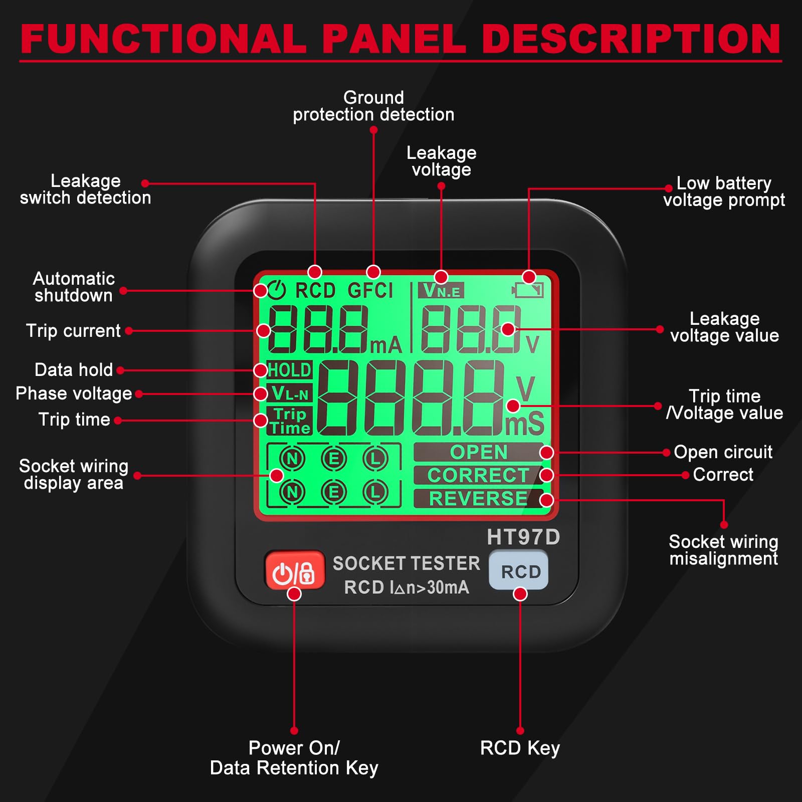 Steckdosenprüfgerät mit Spannungs und Frequenzanzeige, Steckdosentester mit RCD Prüfung und LCD Voltage Display, 6 Arten von Fehlerdiagnose, Leckspannungs und Stromanzeige, FI Test, 30-260V/45-65Hz