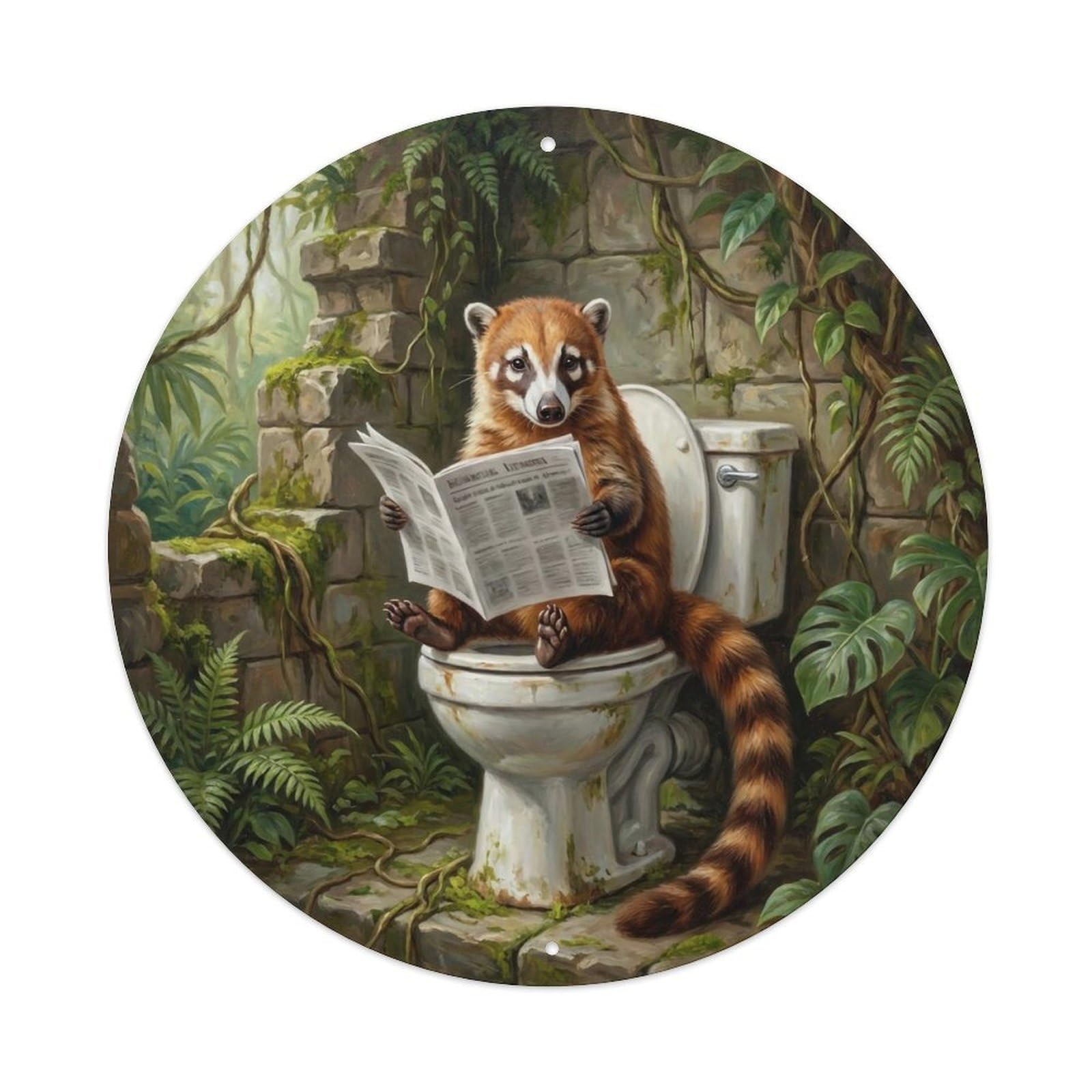 Coatimundi On Toilet Humorous Bathroom Ruins Reads Metal Tin Sign
