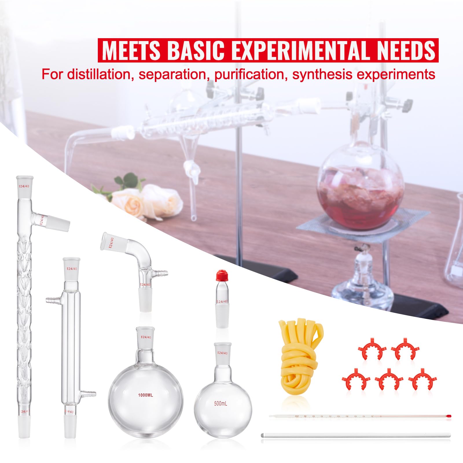 Happybuy 3.3 Boro Lab Distillation Kit, 1000ml Essential Oil Distillation Apparatus with 24/40 Joint, 14-Piece Glassware Set