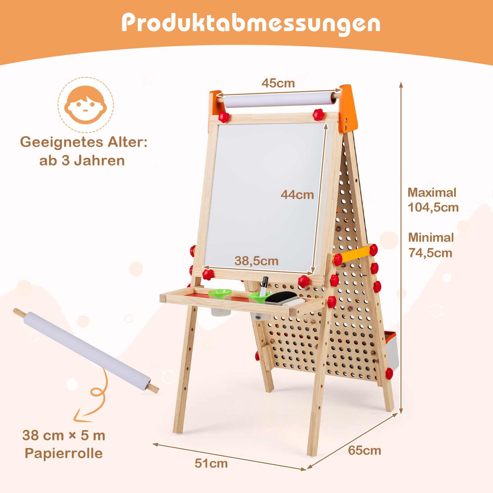 COSTWAY Tafel Kinder, Holz Spieltafel doppelseitig mit Magnet-Whiteboard, Papierrolle, Ablagefach & Murmelbahn, klappbare und höhenverstellbare Standtafel mit Zubehör für Kinder ab 3 Jahren