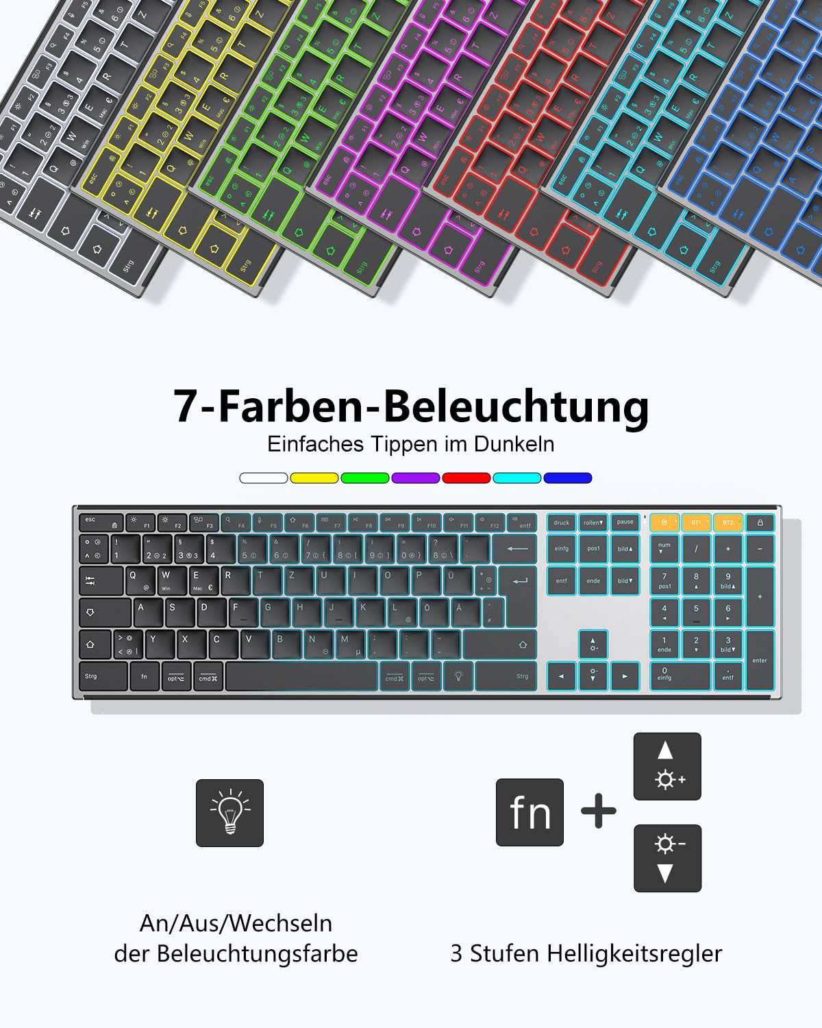 OMOTON Kabellose Tastatur Bluetooth, Metallgehäuse, Deutsches QWERTZ Layout | 2,4G+BT, Beleuchtet, Schlanke Scherenmechanik für Leises Tippen, Wiederaufladbare, für Windows PC/MAC, Büro/Homeoffice