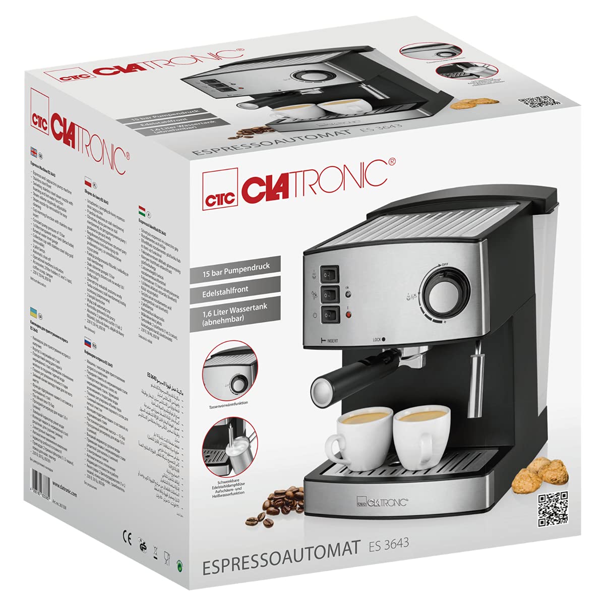 Clatronic® Espressomaschine | kleine Kaffeemaschine | 15 bar Pumpdruck | 1,6 Liter transparenter Wassertank (abnehmbar) | 2 Edelstahldüse mit Aufschäum- und Heißwasserfunktion | 850 Watt | ES 3643
