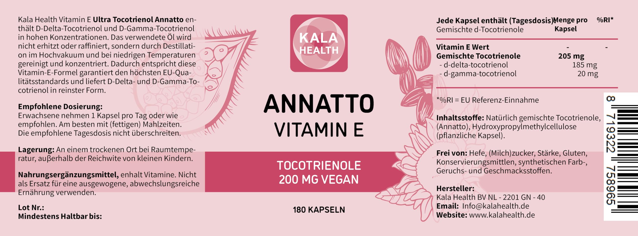 Annatto Tocotrienole 200mg Vegan Kala Health Vitamin-E-Ergänzungsmittel, frei von Tocopherol, Eannatto-Kapseln ohne PAKs und Schadstoffe – gentechnikfrei und antioxidativ (180)