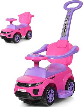 Costzon 3 in 1 Ride on Push Car, Stroller Sliding Walking Car with Horn, Music, Light, Under Seat Storage, Parental Handle, Armrest Guardrails, Ride on Toy for Boys & Girls Pink