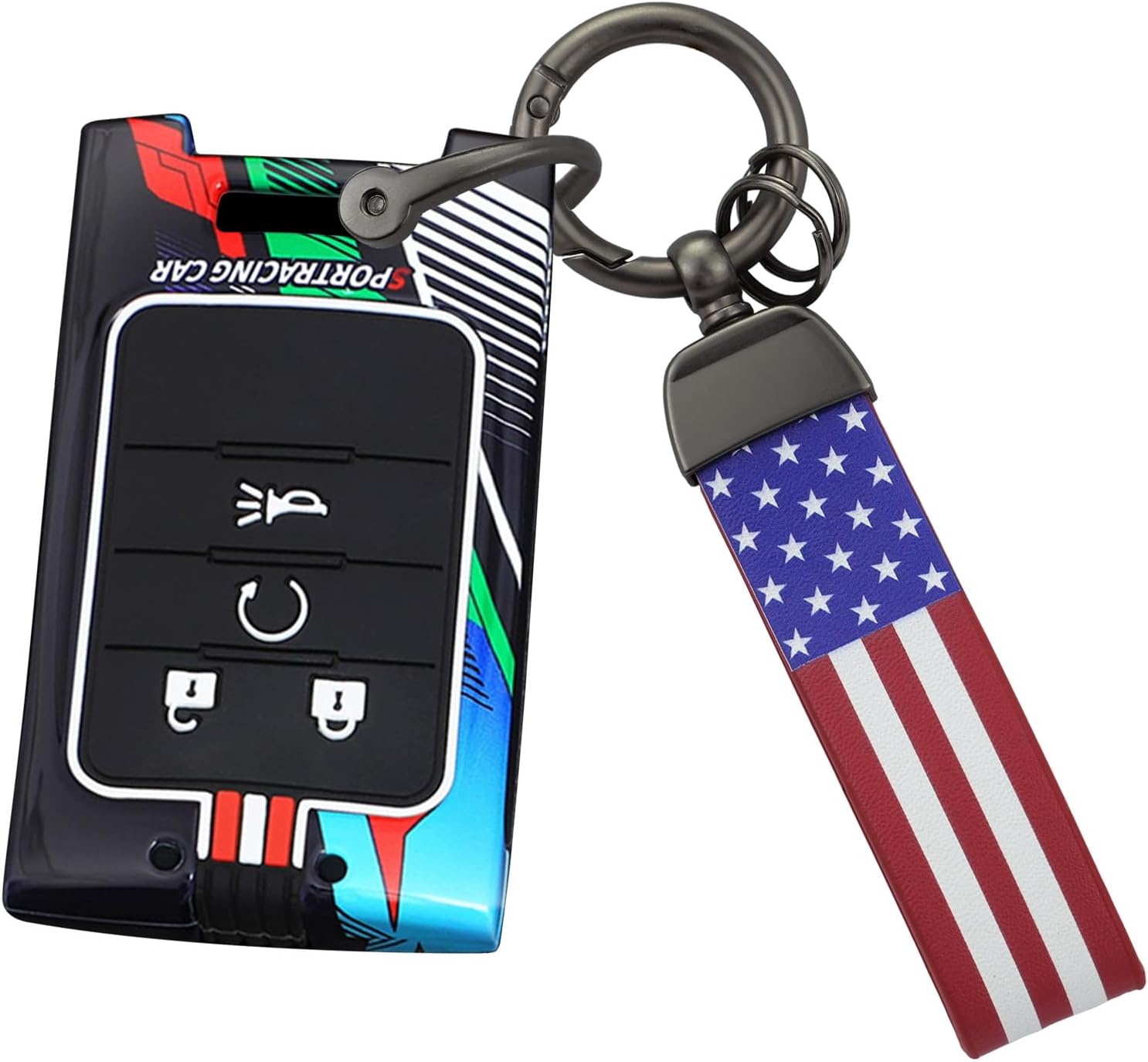 KUNIO Zinc Alloy Luminescent Effect Car Key Fob Cover Case Fit for Cadillac Escalade SRX SLS CTS XTS DTS Corvette C7 USA Flag Keychain Sportracing Style Key Holder 4 Button Black