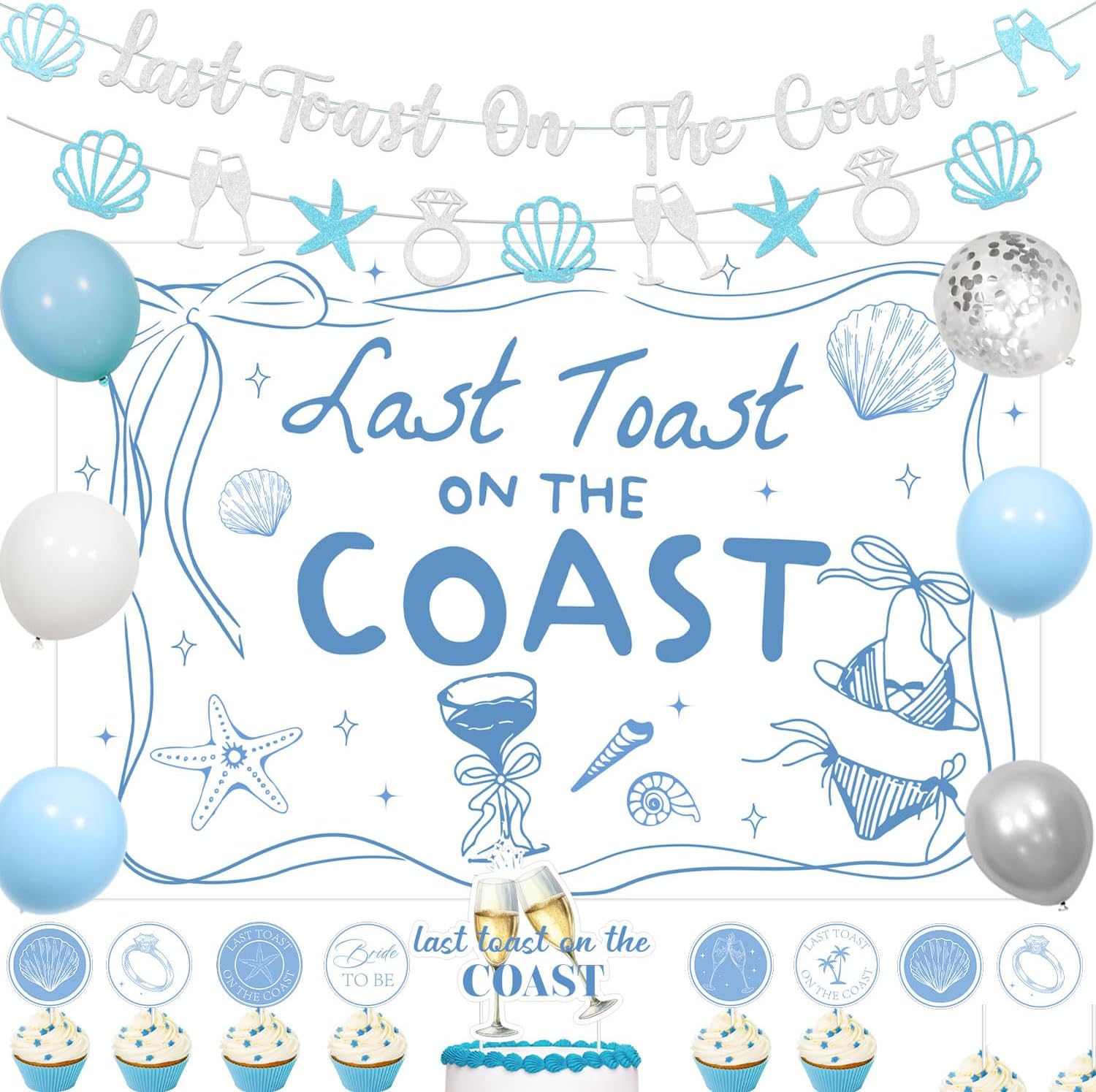 Last Toast on the Coast Bachelorette Decorations Backdrop Banner Coastal Grandma Party Decor Blue Shell Starfish Diamond Garland Cupcake Toppers for Summer Beach Bach Bachelorette Engagement Party