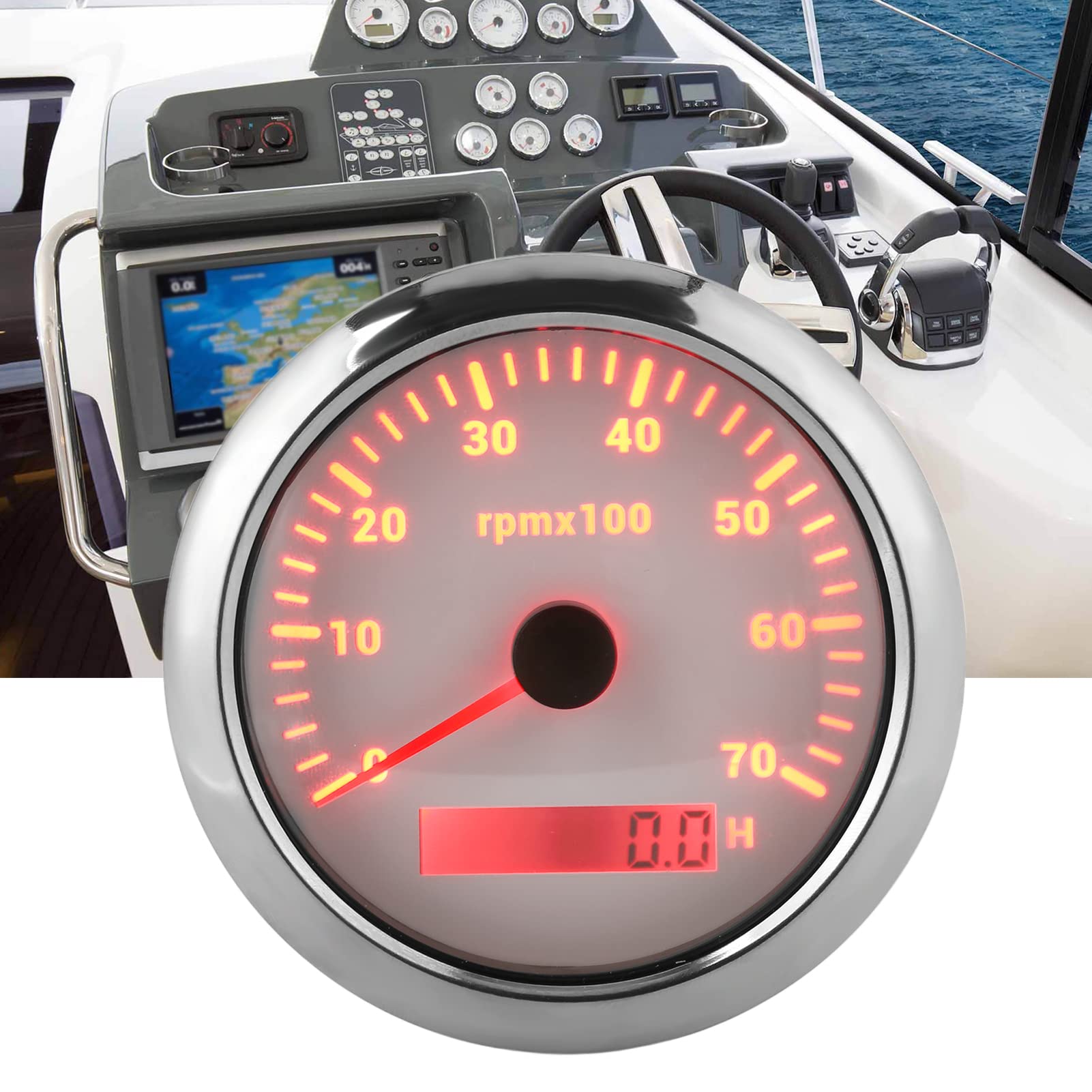 Tachymètre, Tachymètre Analogique Tachymètre 85 Mm Mètre Tachymètre Marin Tachymètre 0‑7000 Tr/min Rétroéclairage Réglable 7 Couleurs pour Moteurs de Véhicules et de Bateaux 9‑32(blanc)