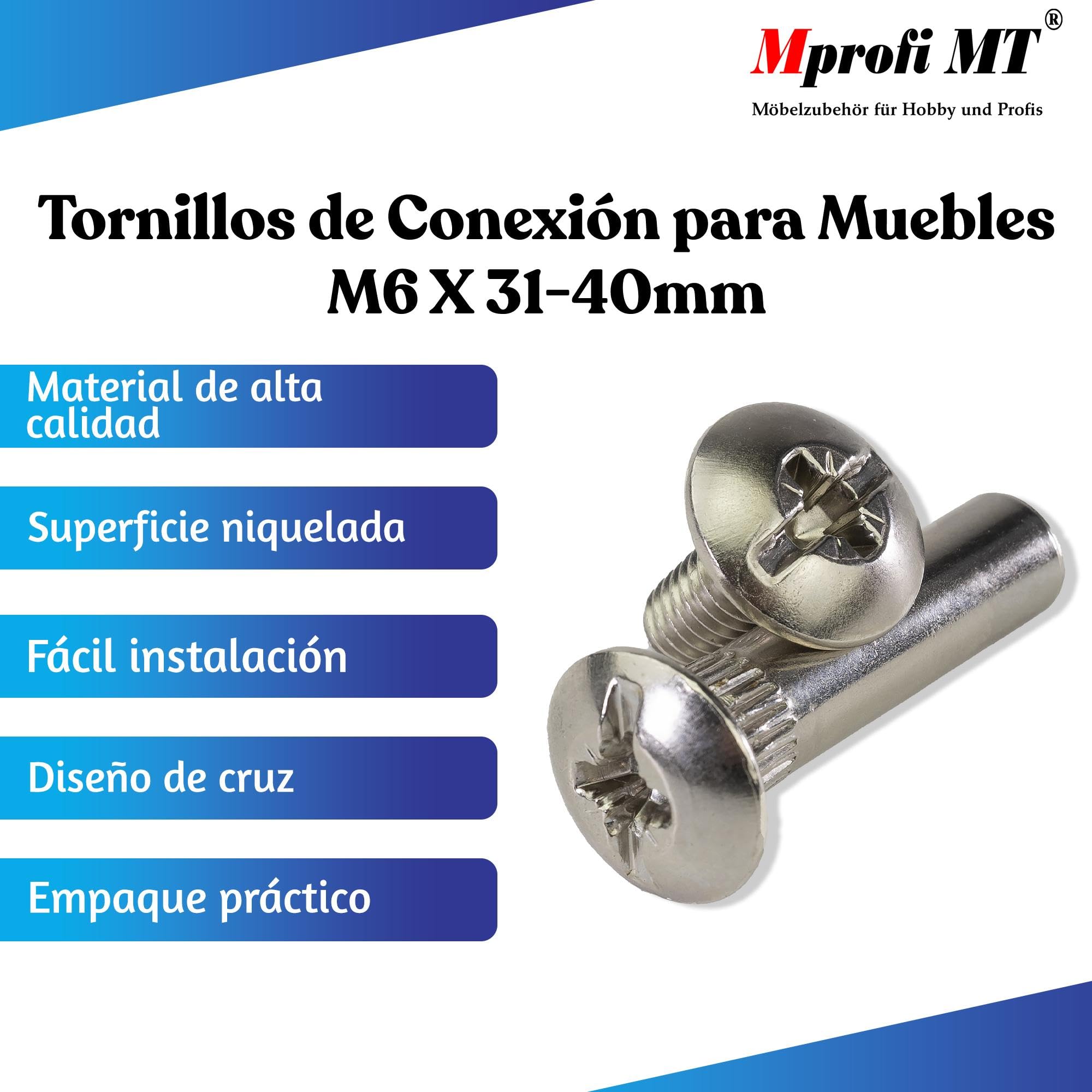 Mprofi MT® 50 Piezas | Tornillos de Conexión para Muebles M6 x 31–40mm | Conectores de Armario | Tornillos de Unión de Muebles | Fijación para Muebles | Totalmente Metálicos | Acero Inoxidable