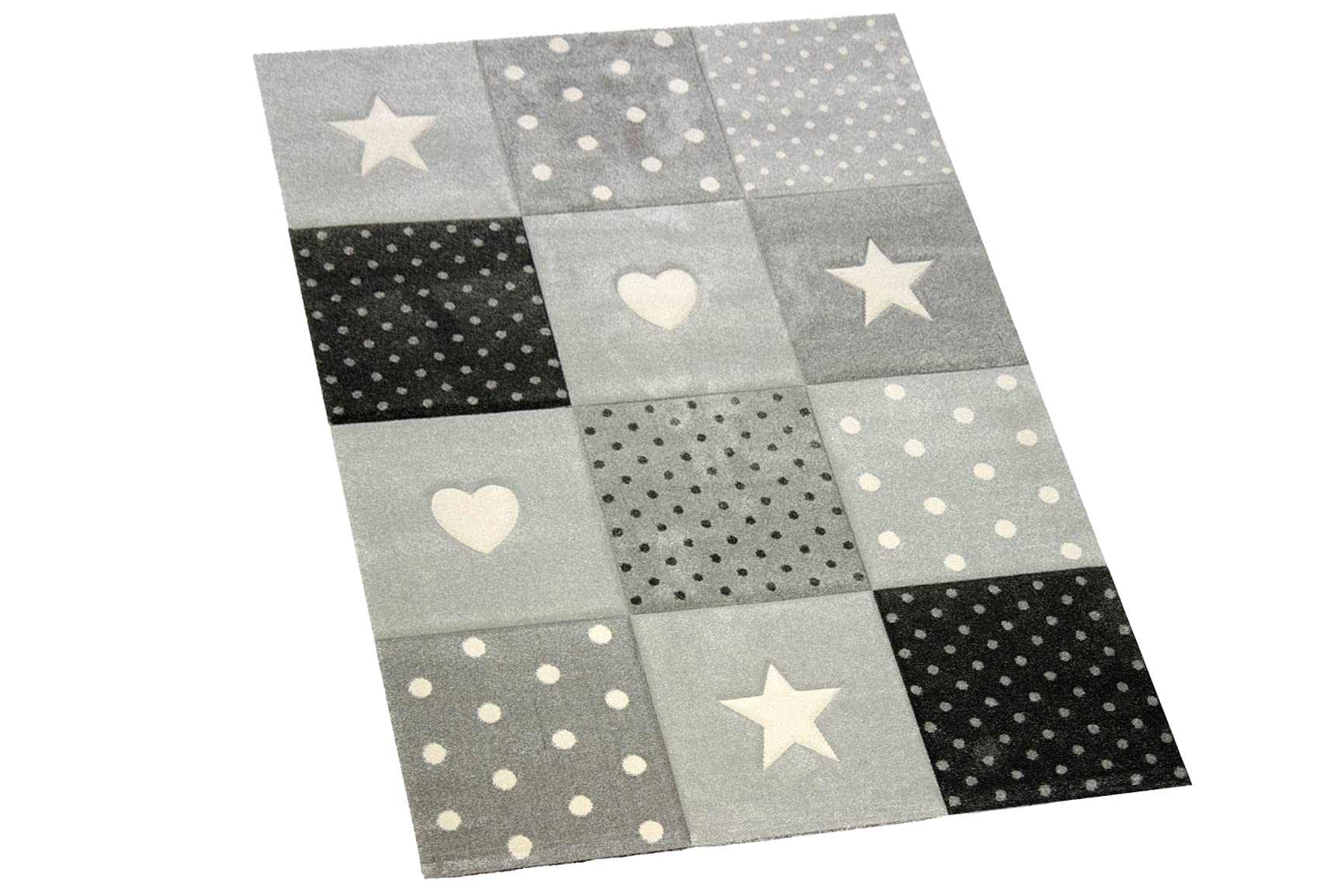 CARPETIA Kinderteppich Kinderzimmer Teppich Punkte Herz Stern Design Creme schwarz grau Größe 80x150 cm
