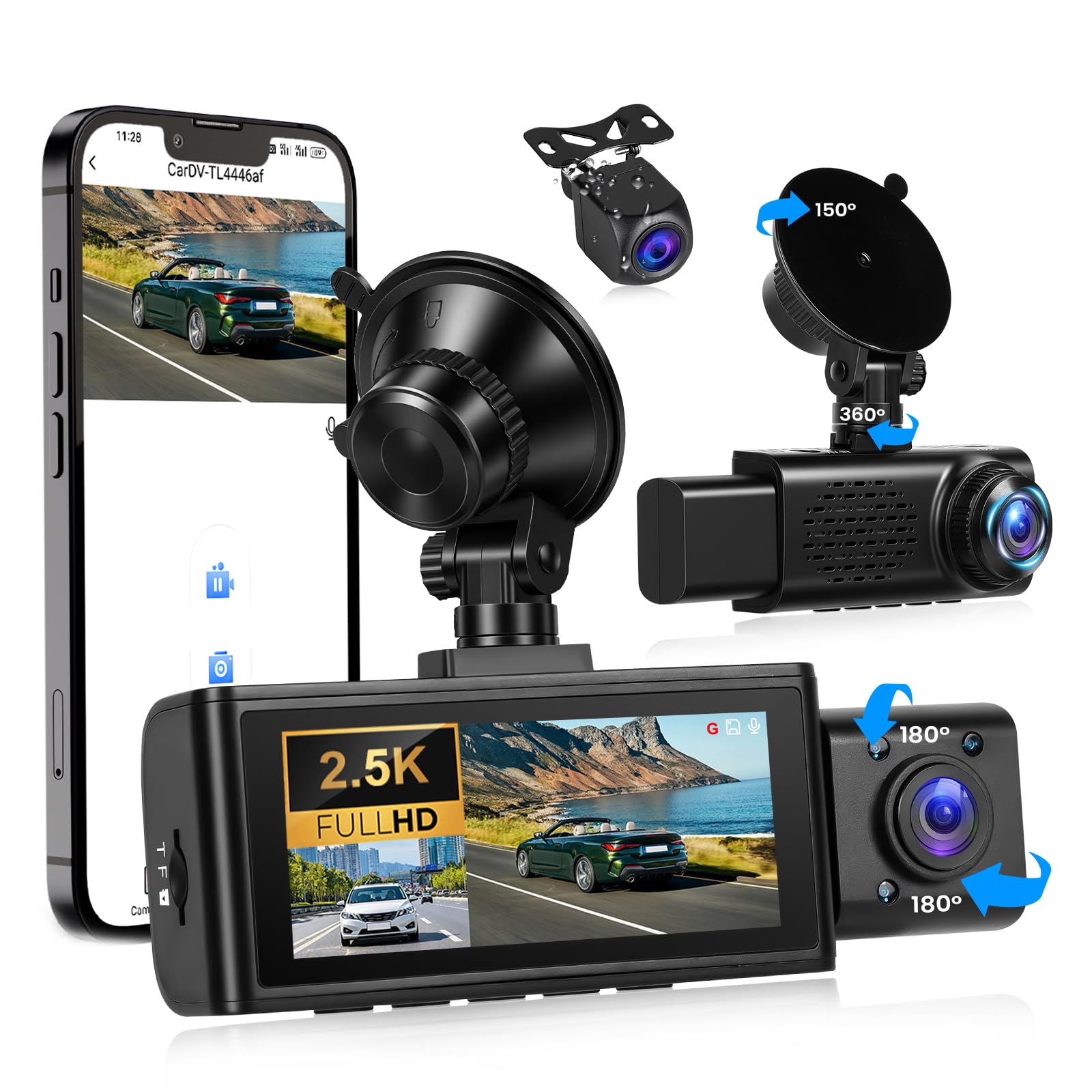 CAMECHO 3 Canaux Dashcam 2.5K Caméra embarquée Avant et arrière avec Vision Nocturne, GPS Ecran Dashcam 3.16 Pouces Enregistrement en Boucle, WiFi(APP), Mode Parking, Détection de Mouvement, Capteur G