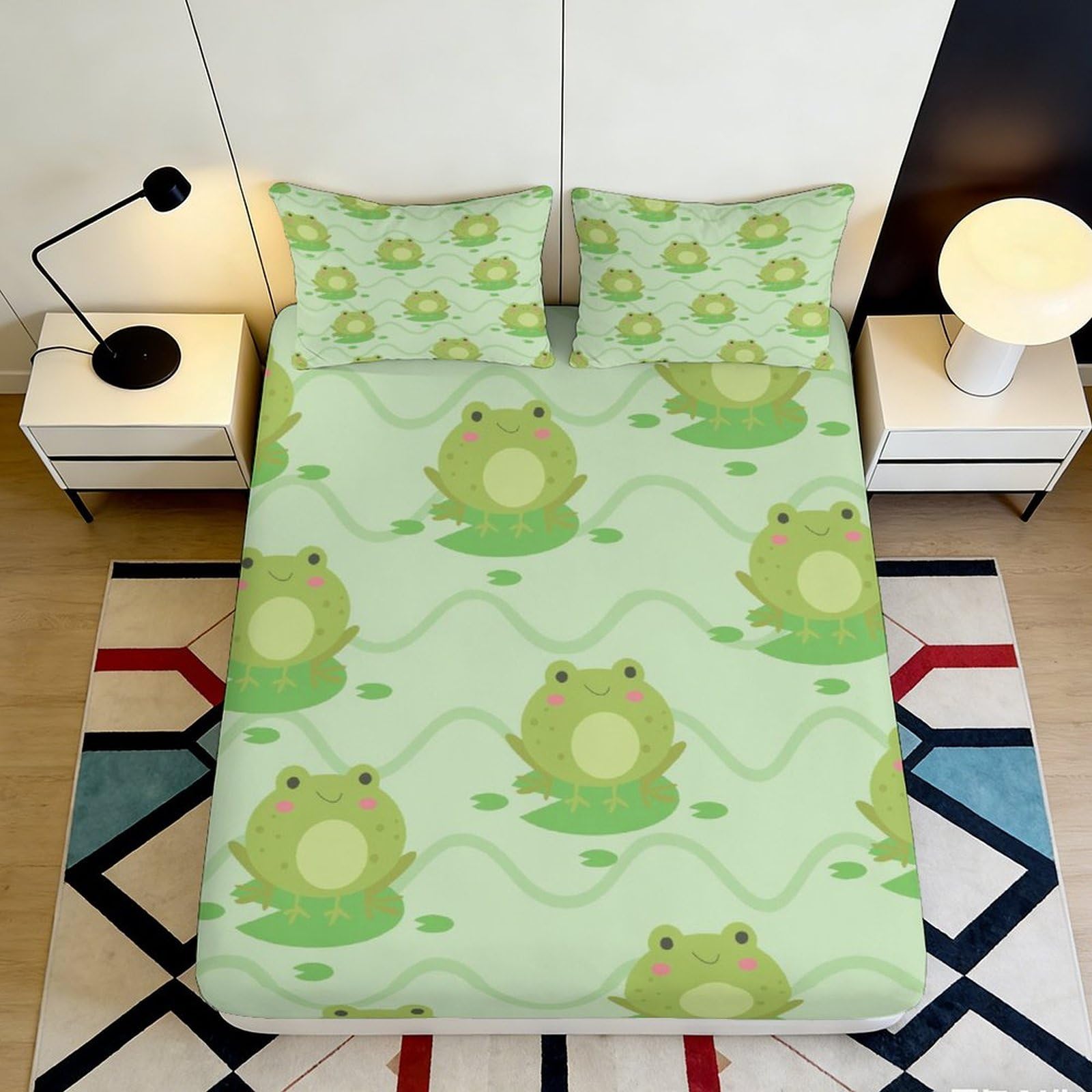 3D Printed Cute Frog Pattern Fitted Sheet Microfiber Soft Breathable Cartoon Frog Mattress Cover for Bedroom Dormitory Guest Room Mattress Protection Decor 160x200x25cm