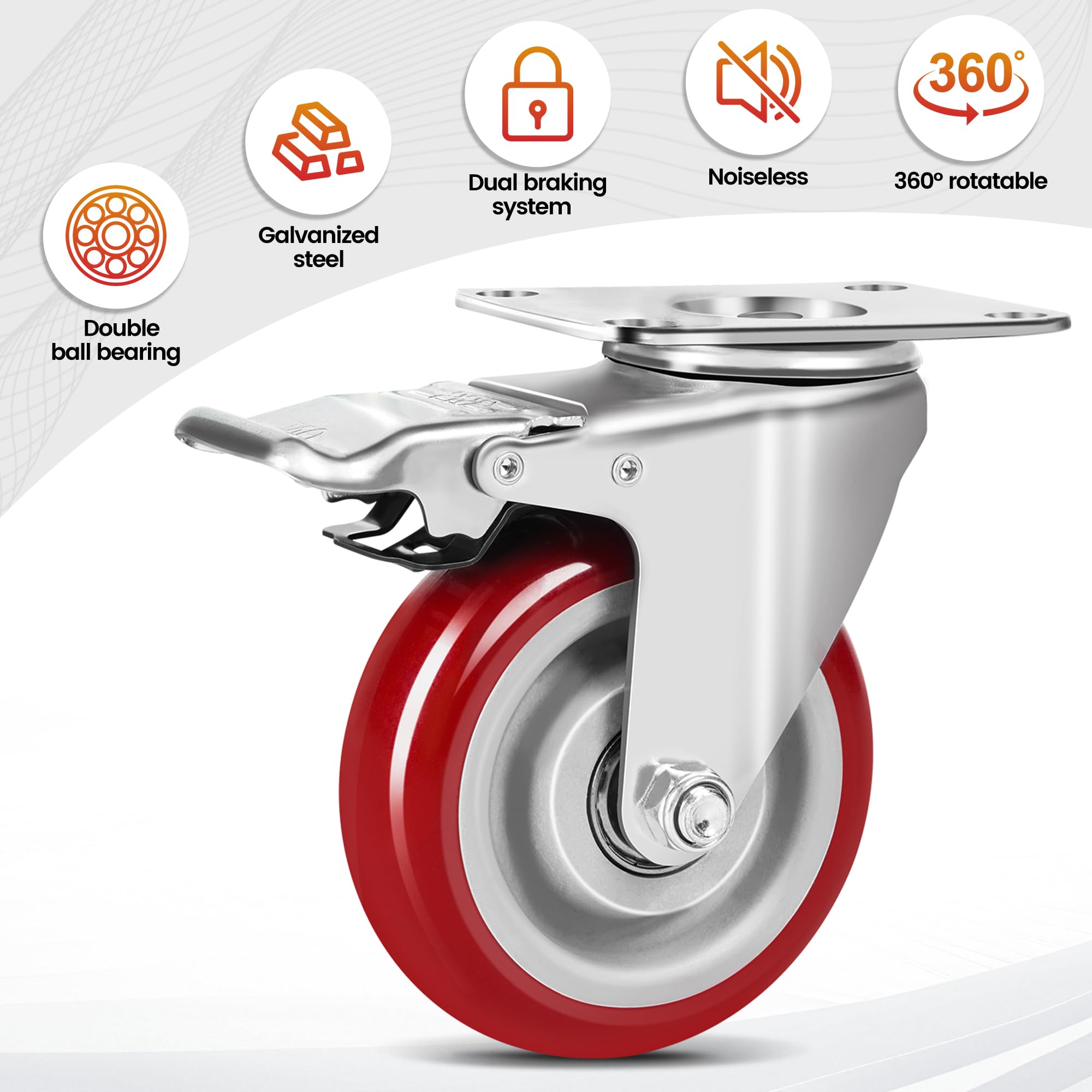 Set 4 Ruote per Carrello Carichi Pesanti, Ruote per Spostare Mobili con Freno - 100 mm - 600 kg- Gomma Piena Silenziosa - Rotelle per Interno/Esterno