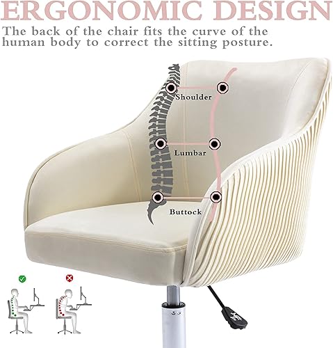 Miniatura 3 de CAELUM Bonita silla de escritorio beige para adolescentes y niñas, silla de escritorio para computadora de oficina en casa con ruedas y brazos,