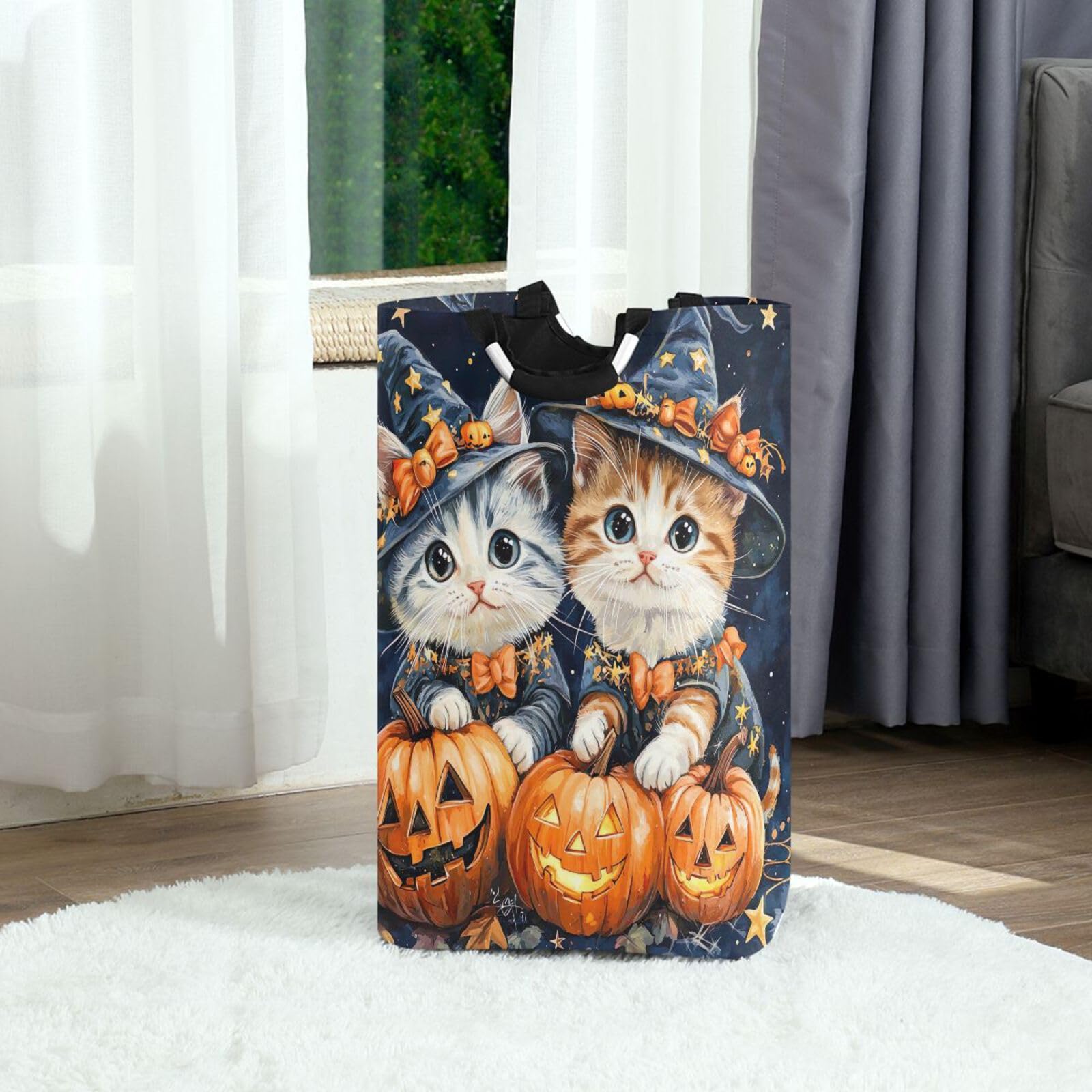 Jihqo Laundry Hamper Basket Cute Halloween Cat Collapsible Nursery Storage Bin Waterproof Clothing Baskets for Home Bedroom Bathroom Washing Room