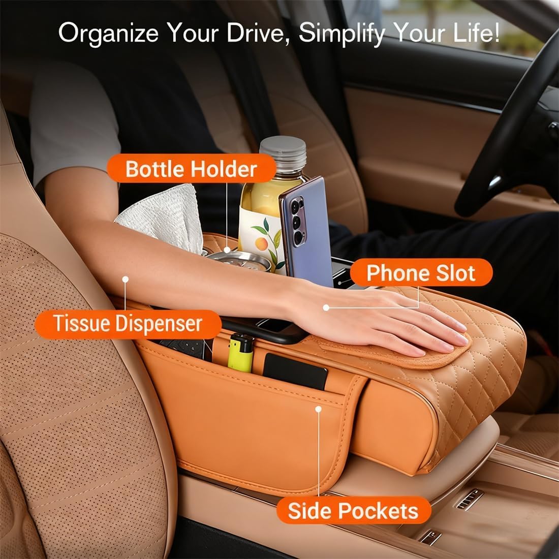 Multifunctional PU Leather Car Armrest Box Mat, Car Armrest Organizer, Armrest Cover for Car with 2 Storage Bags Cup Holder, Tissue Box Slot, Leather Armrest Cover for SUV Truck Car (White)
