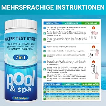 Pool Test Strips 7-in-1 Professional Tester for Pools Hot Tubs and Spas for Measuring Chlorine pH Value Cyanuric Acid Bromine Total Hardness and Total Alkalinity 100 Sticks