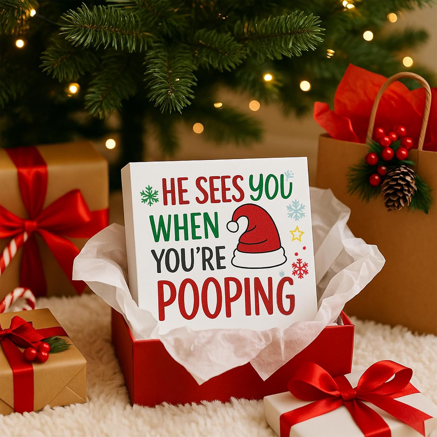He Sees You When You're Pooping Sign, 6x6 Inch Funny Christmas Bathroom Decor, Christmas Bathroom Decorations Wooden Signs, Home Decor for Desk Table Shelf Toilet