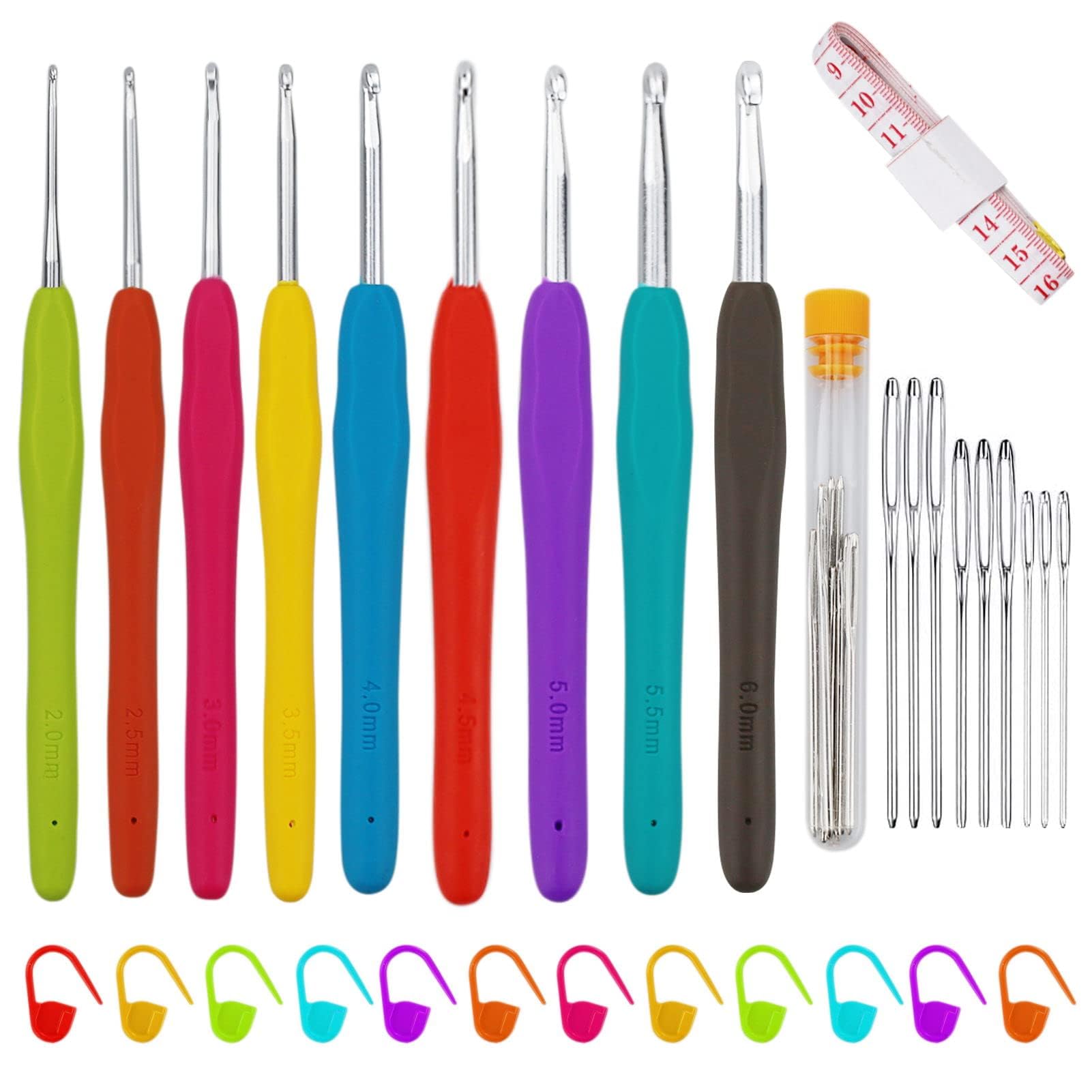 9 Pack Crochet Hooks Set,Pack Knitting Kit,Colorful Comfort Soft Grip Crochet Needles,with 20 Markers, 9 Needles, 1 Ruler, Ergonomic Handle for Arthritic with Measuring Tape Stitch Markers