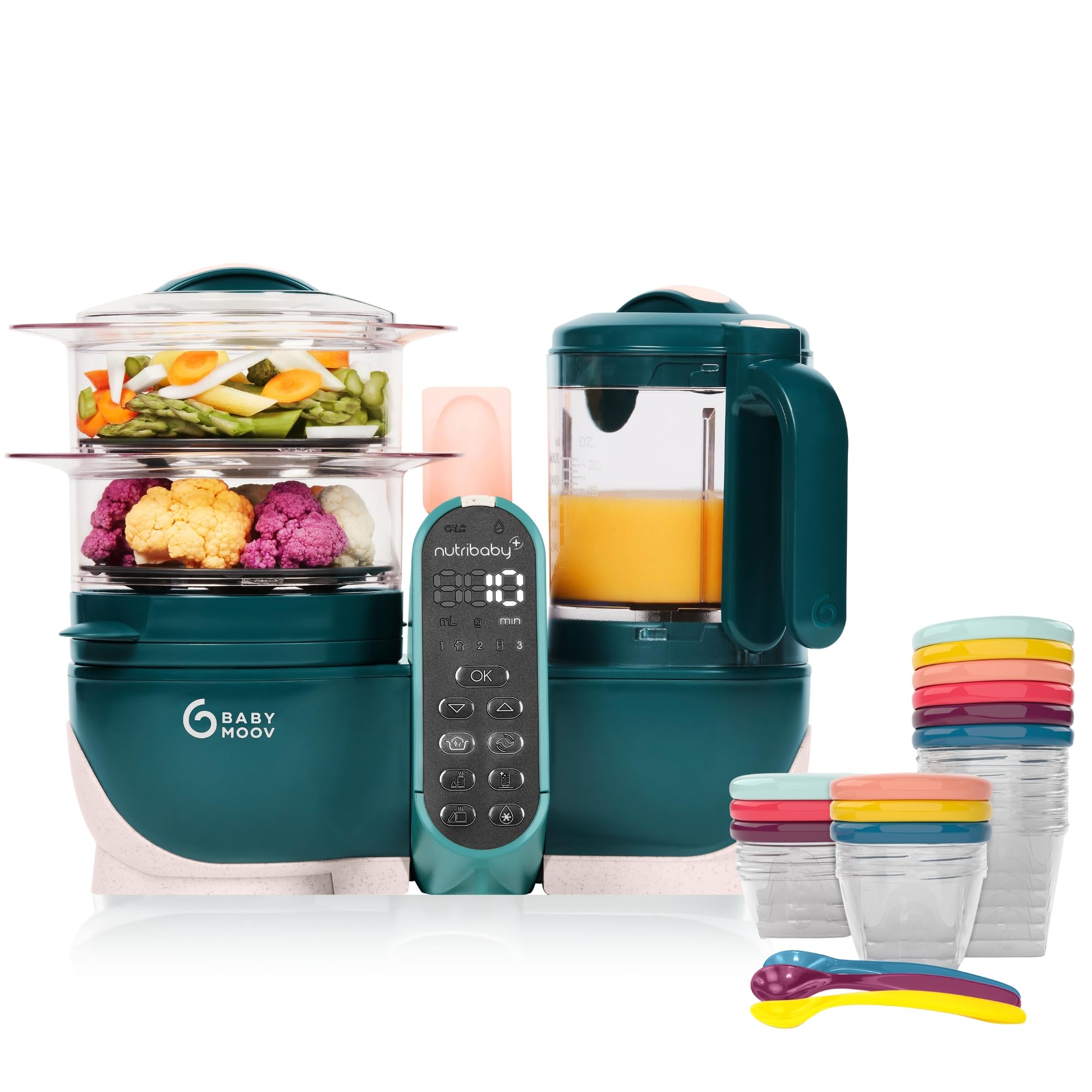 Babymoov Set Nutribaby Plus Opal Green - Babynahrungszubereiter, 2200ml Fassungsvermögen + Babybols Aufbewahrungsbehälter für Babynahrung 15-teilig (3x120ml + 3x180ml + 6x250ml + 3 flexible Löffel)