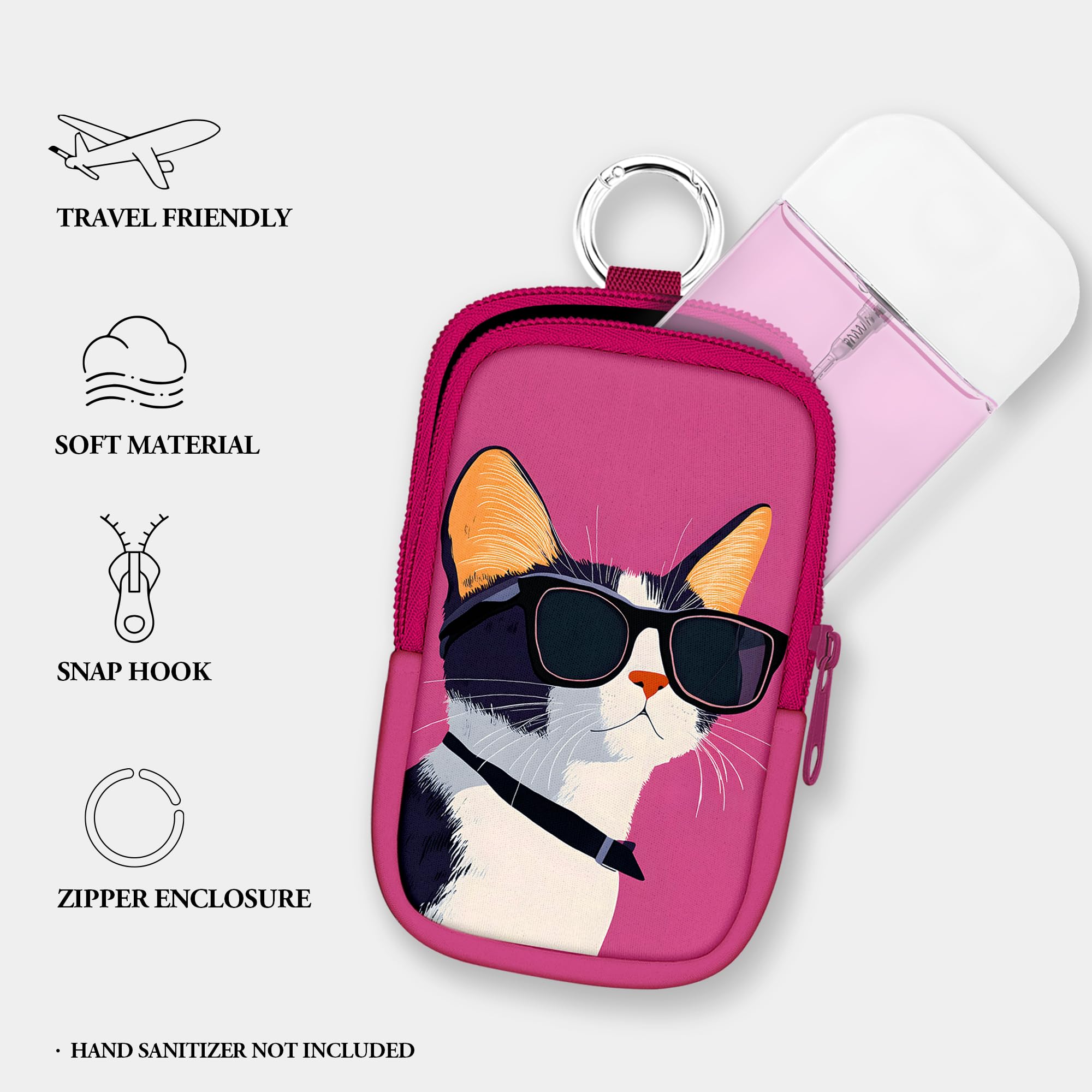Energymax Hand Sanitizer Spray Case, Compatible with Touchland Hand Sanitizer Mist Spray, Portable Mini Pouch, Fashion Accessory Keychain with Snap Hook 1FL. OZ., Cool Cat Wearing Sunglasses