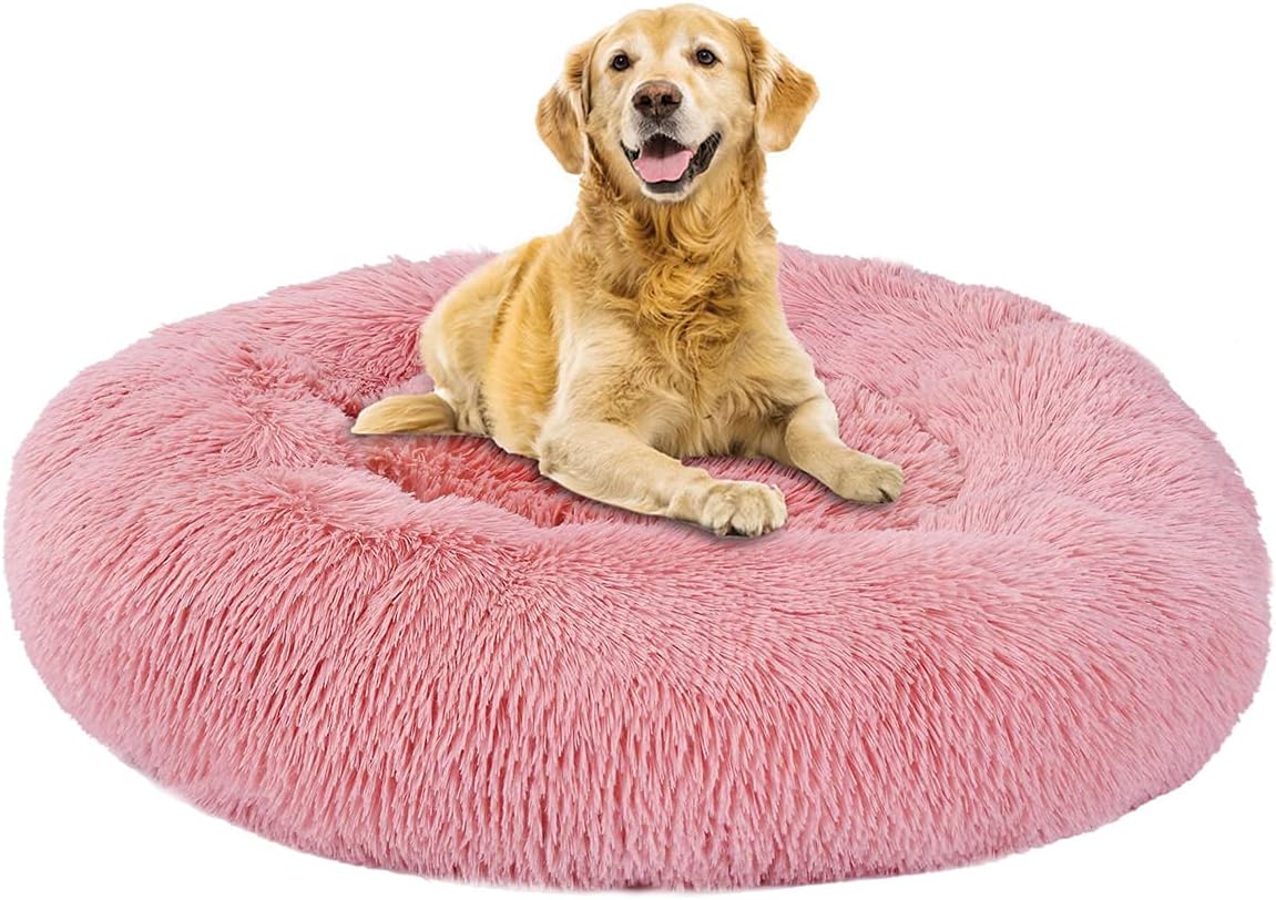 Round Donut Dog Bed, Calming Dog/Cat Bed, Warm and Soft Pet Cosy Anti Anxiety Beds with Non-Slip Bottom and Washable (70,Pink)