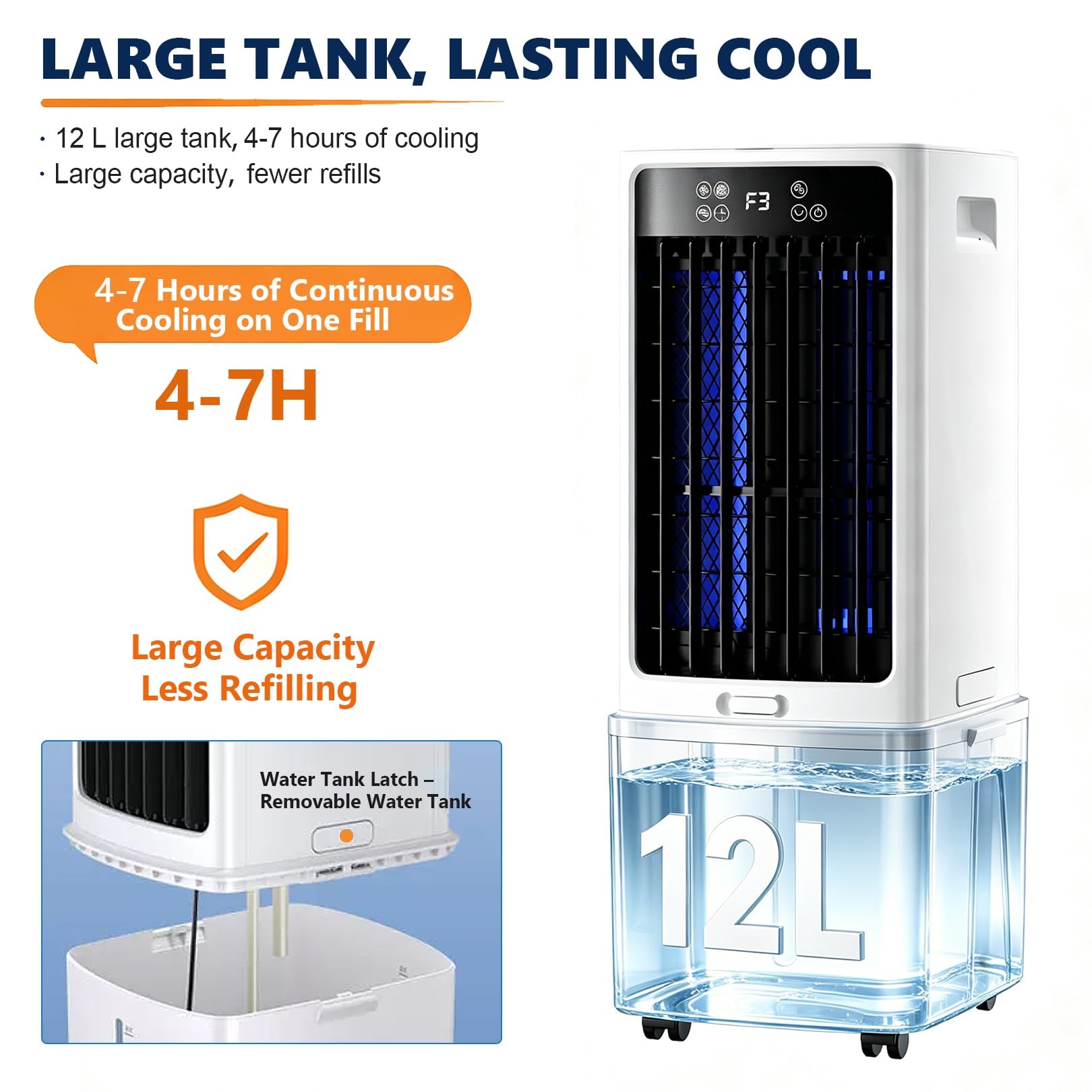 Raffreddatore d'aria evaporativo 3 in 1 con telecomando, serbatoio dell'acqua da 12 litri, ventola di raffreddamento evaporativa con 3 velocità, 3 modalità vento, oscillazione di 120°(12L)