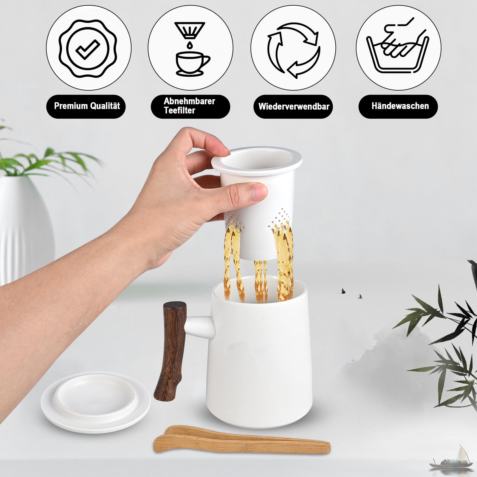 Herboom Teetasse mit Teesieb und Deckel Keramik Tasse Große Teetassen mit Holzgriff mit Teegeschirr Teeklammern Holz, geeignet für Zuhause/Büro/Geschenk