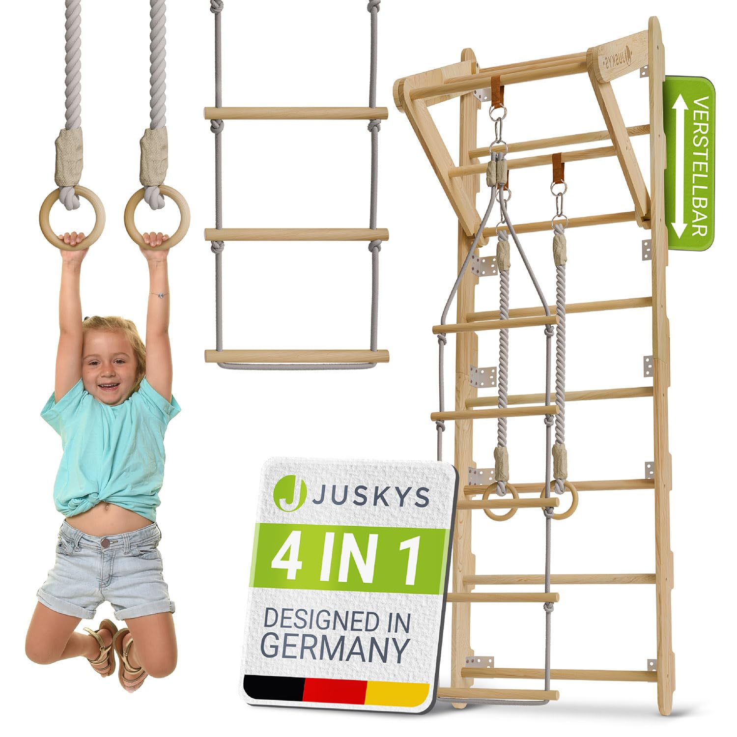 Juskys Espaldera para Niños - con Barra de Tracción, Estructura de Escalada Interior con Anillos de Gimnasia y Escalera de Cuerda, Pared de Escalada para Habitación Infantil, Barra Deportiva