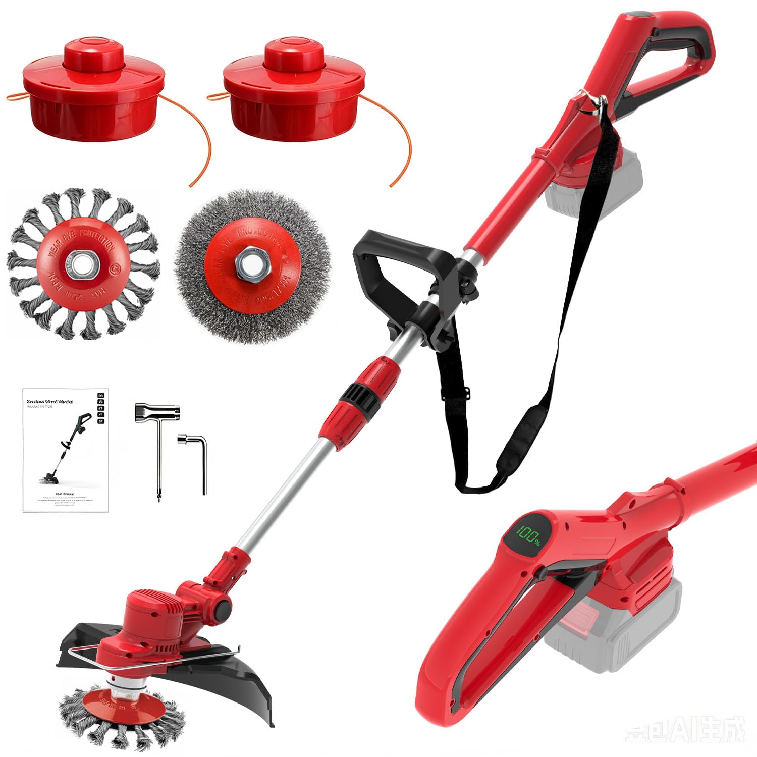 Decespugliatore senza fili da 21 V con spazzola per erbacce, 4 in 1 decespugliatore cordless con 2 batterie da 4,0 Ah, tagliaerba da 20,3 cm per giardino, erbacce, prato