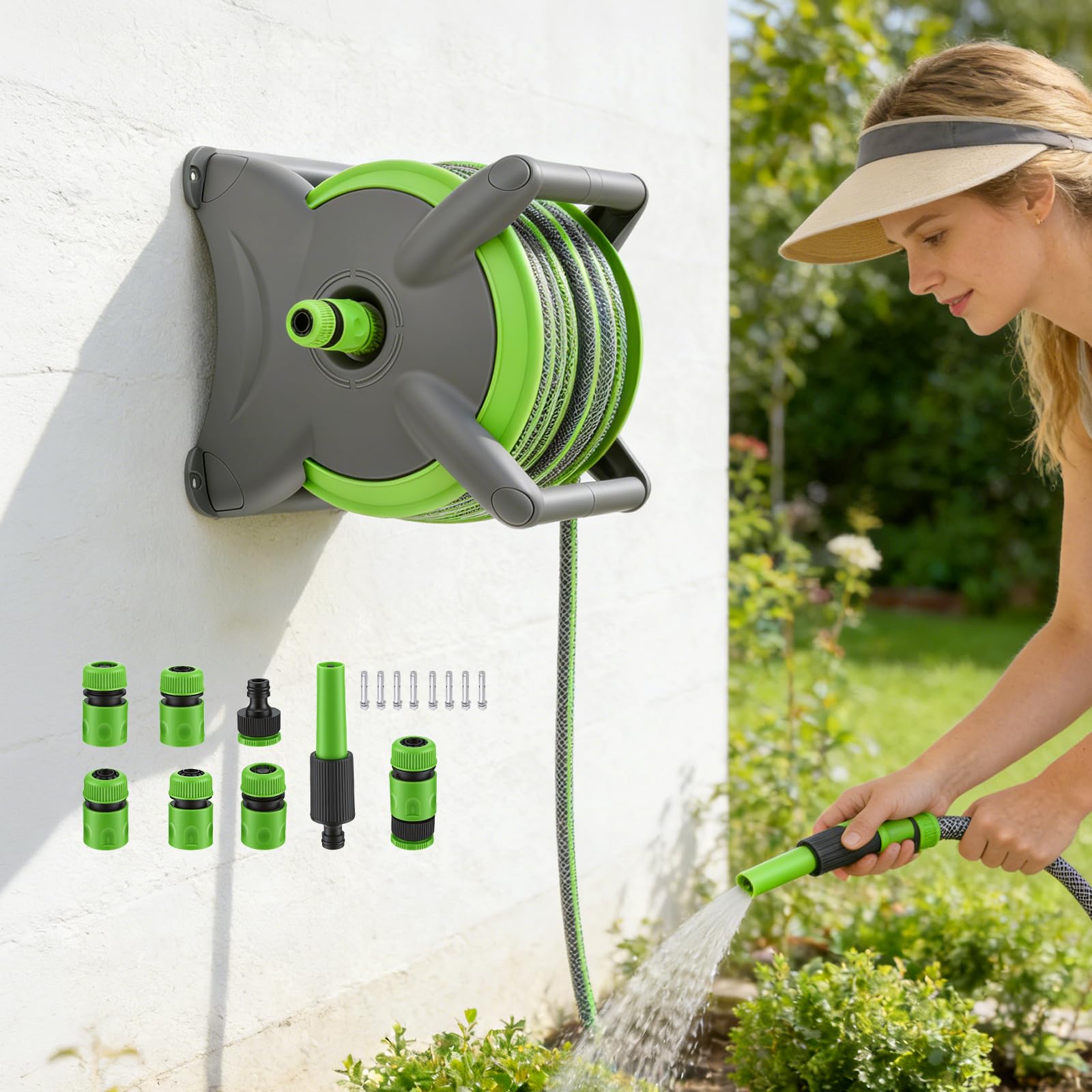 20m Schlauchtrommel Schlauch mit 6–Mobile, GartenSchlauchtrommel schlauch Trommel Mobile Schlauchtrommel, platzsparend an der Wand montierbar und jederzeit abnehmbar, Spritze und Systemteilen