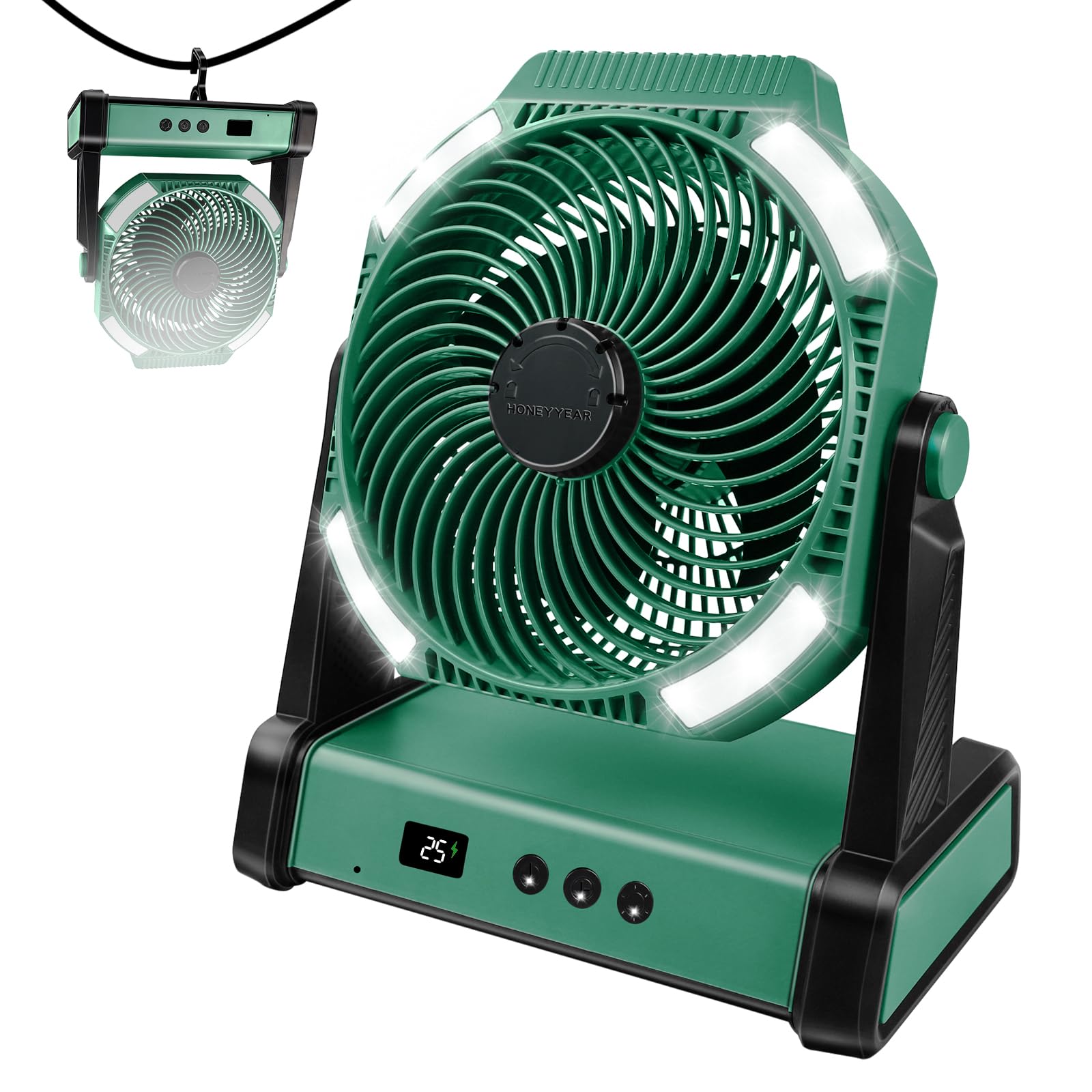 HONEYYEAR Camping Fan with Smart Voice， 22500mAh Battery Powered Portable Fan with Light&Hook, 5-Speed 270°Adjustable, Camping Essentials for Indoor, Tent, Travel, Patio, RVing, BBQ, Fishing, Jobsite
