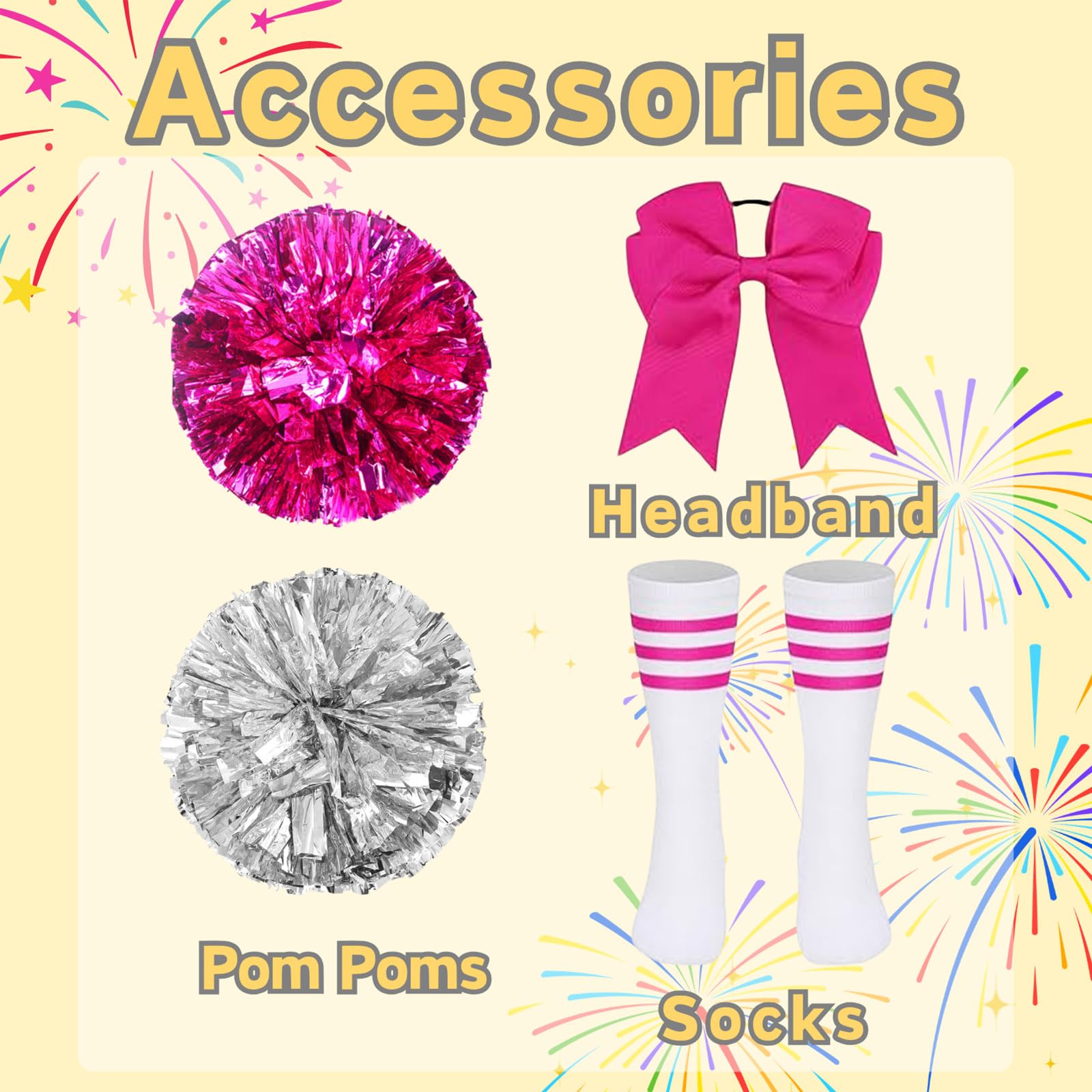 Girls Cheerleader Costume 5 PCS Shiny Star Style Kids Cheerleader Outfit with Pull Ring Pom Poms, Top, Skirt - Image 4