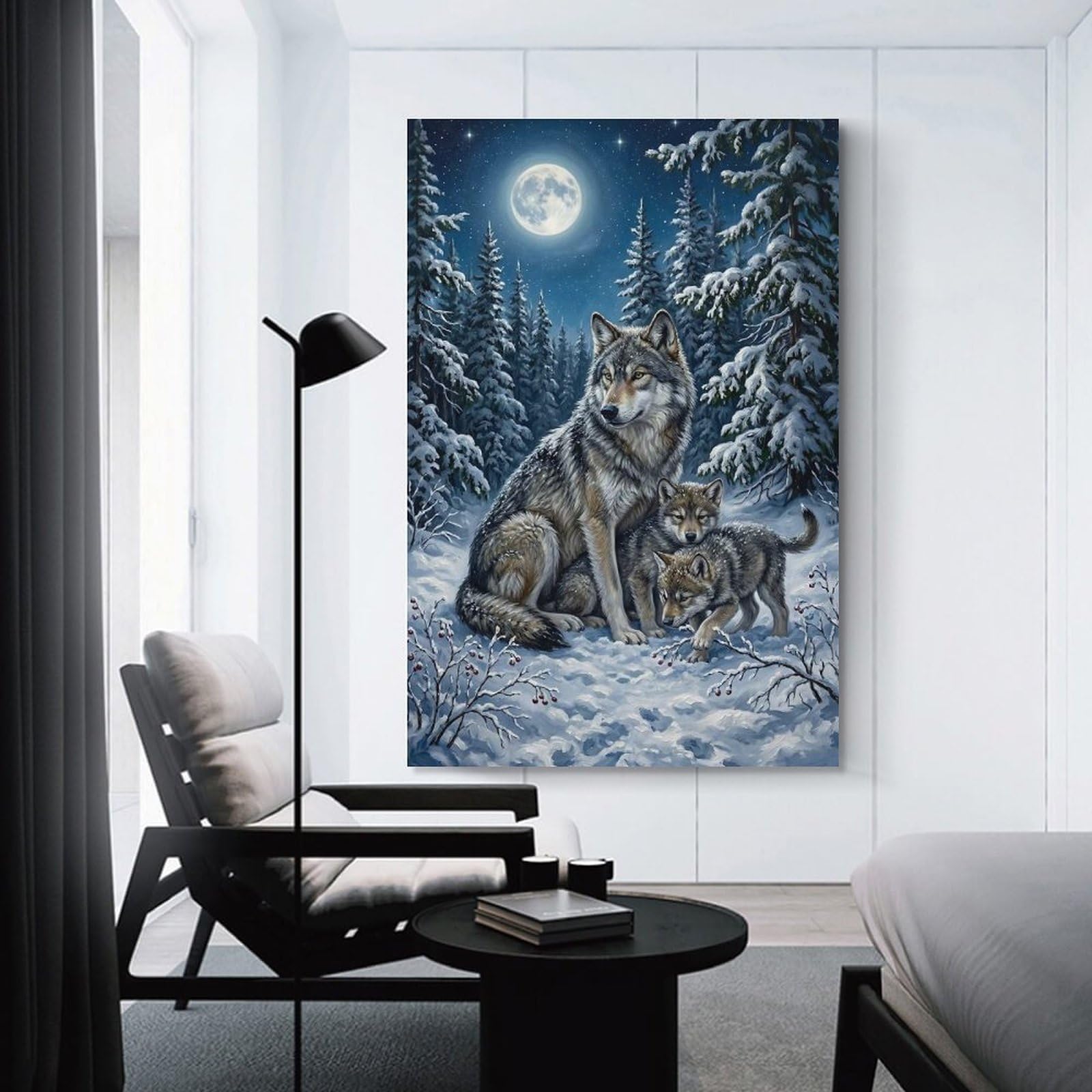 Junmoney Wolves in A Snowy Forest at Night Room Decor Wall Art, 20x30inch(50x75cm), for Living Room, Lounge Or Sitting Room, A Home Accent with Warm Character
