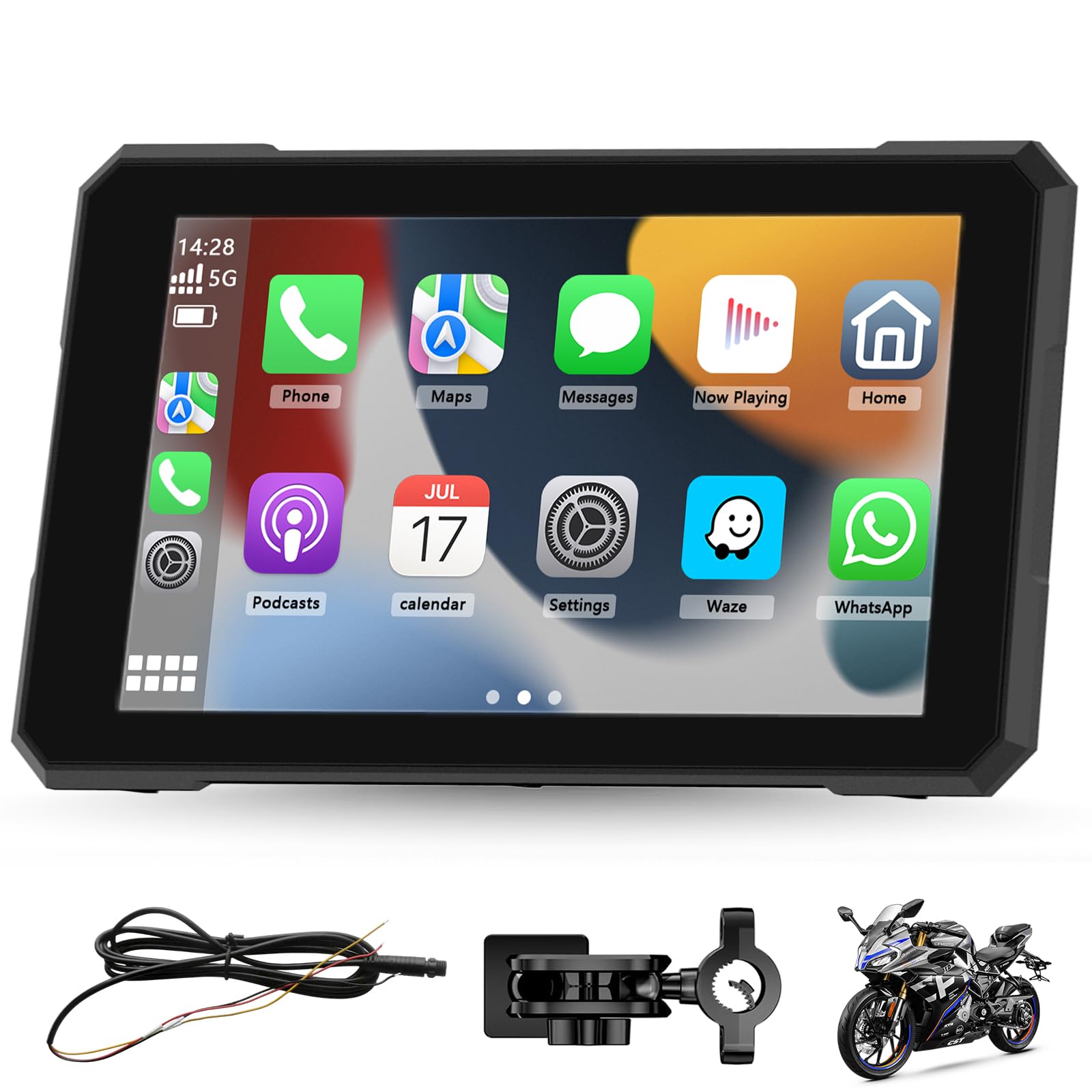 5 Pulgadas Pantalla Carplay de Motocicleta, IPX67 Impermeable, para CarPlay y Android Auto con Bluetooth Dual, Control de Voz, GPS, Detección de presión de neumáticos