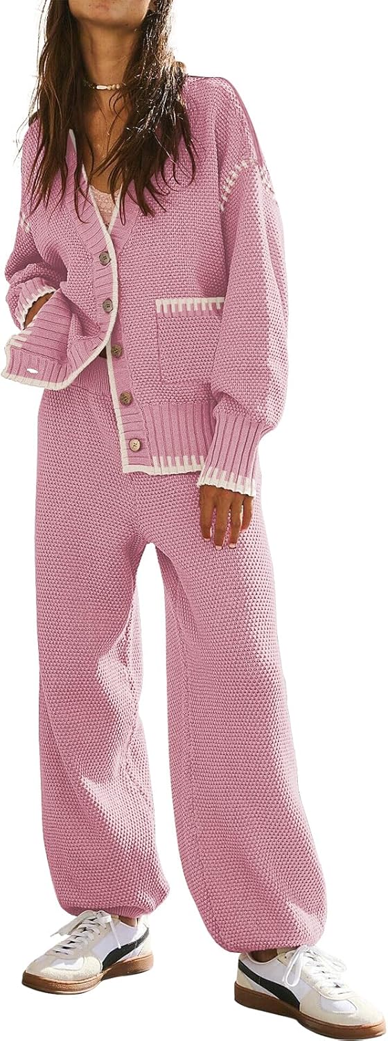 ETCYY NEW Women's 2 Piece Outfit Lounge Set Trendy Cardigan Sweater Pants Sets V Neck Button Pocket Knit Matching Loungewear